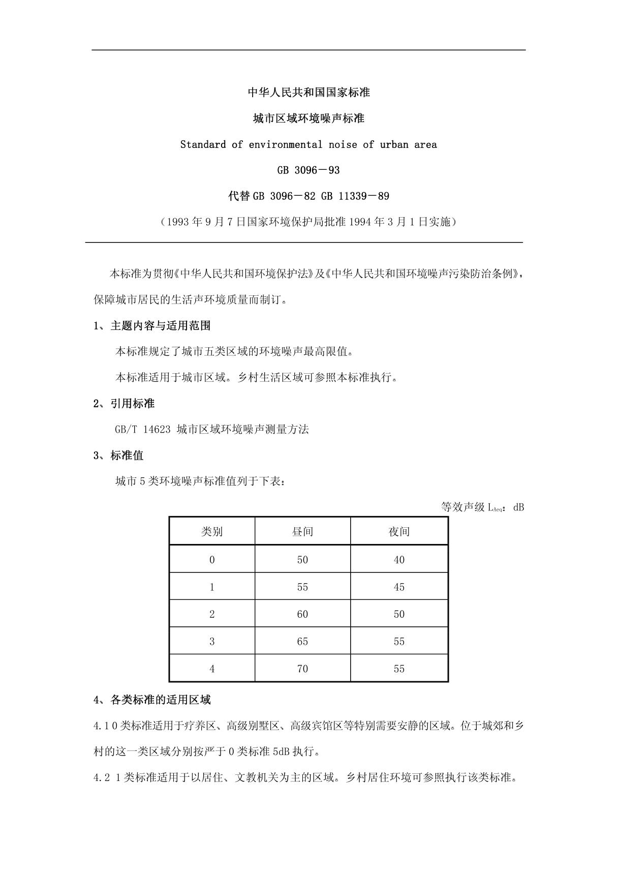 GB 3096-93中华人民共和国城市区域环境噪声标准