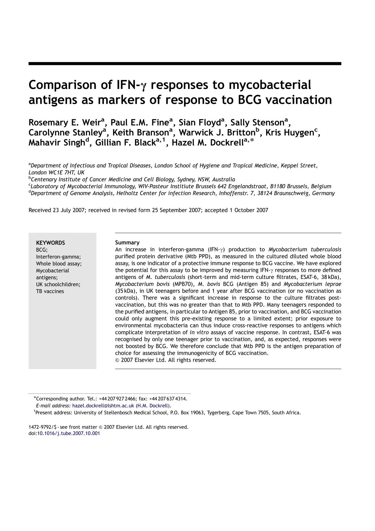 Comparison of IFN-γ responses to mycobacterial antigens as markers of response to BCG vaccination