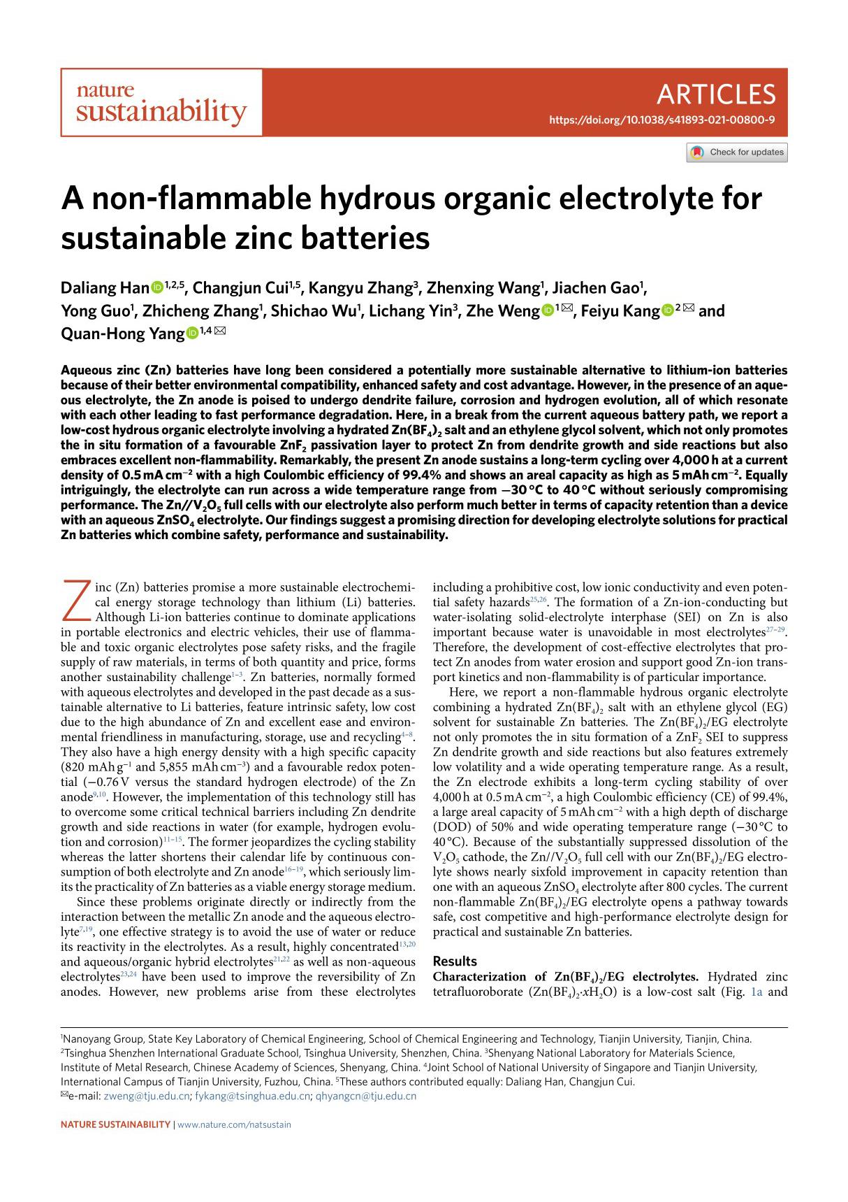 A non-flammable hydrous organic electrolyte for sustainable zinc batteries