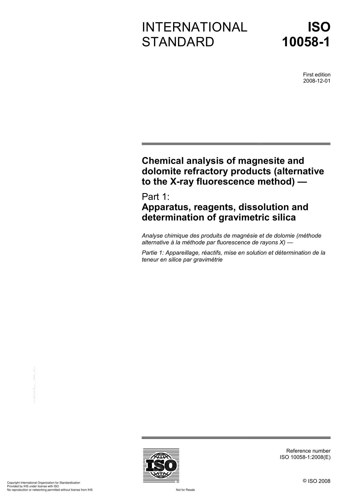 ISO 10058-1 Chemical analysis of magnesite and dolomite refractory products (alternative to the X-ray fluorescence method)