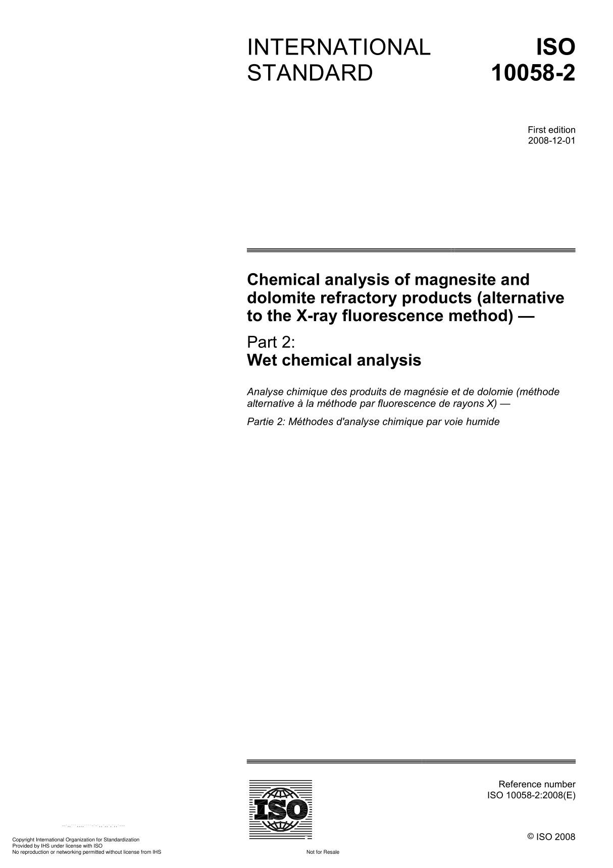 ISO 10058-2 Chemical analysis of magnesite and dolomite refractory products (alternative to the X-ray fluorescence method)