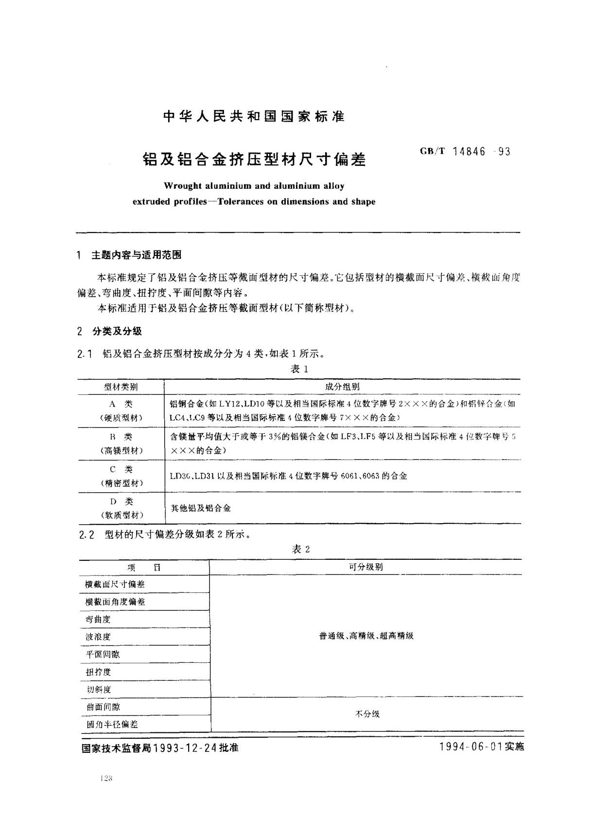 (国家标准) GB T 14846-1993 铝及铝合金挤压型材尺寸偏差 标准