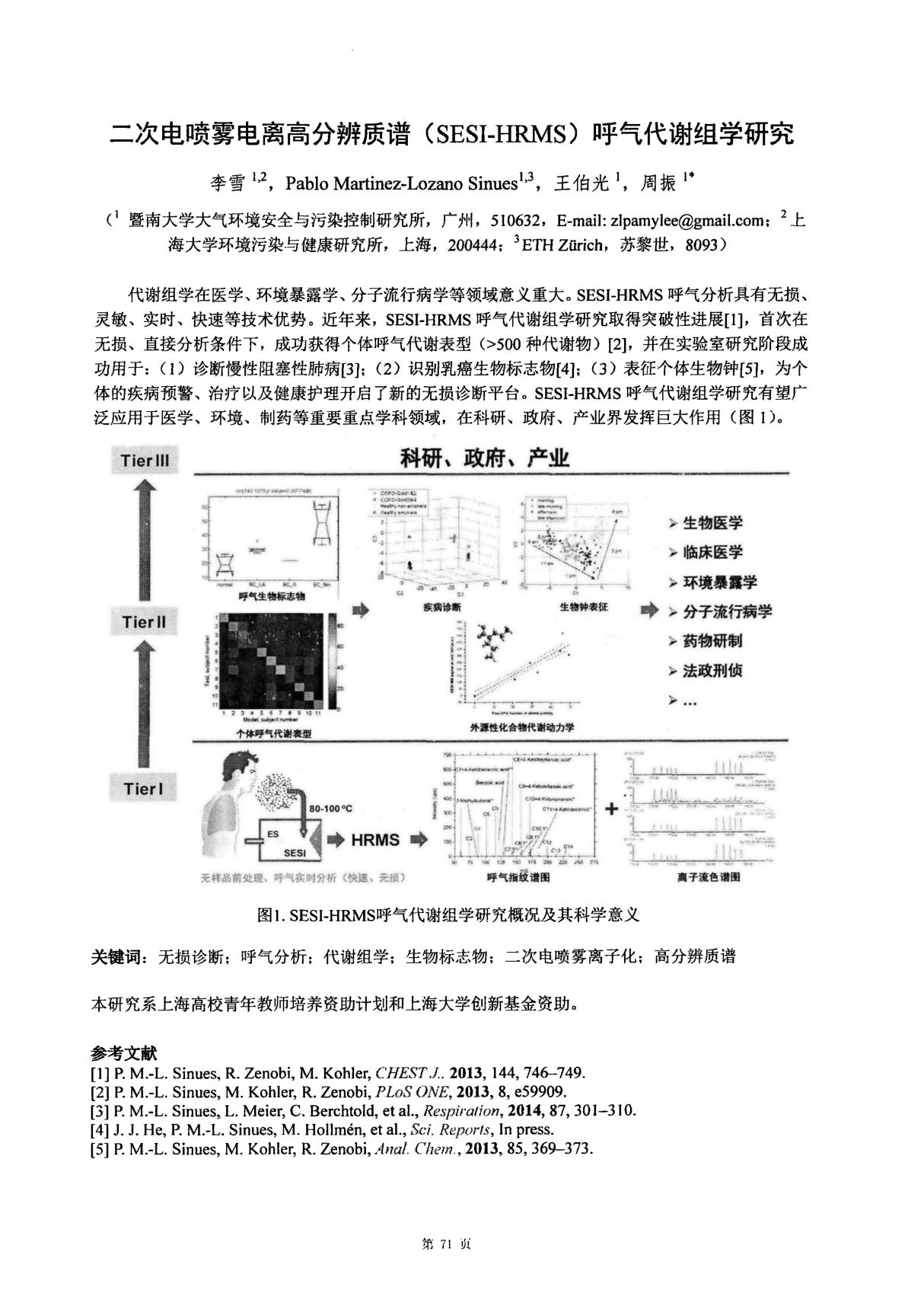 二次电喷雾电离高分辨质谱(SESI-HRMS)呼气代谢组学研究