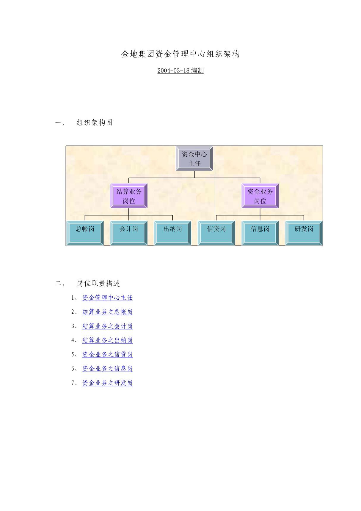 资金管理中心岗位设置与职责