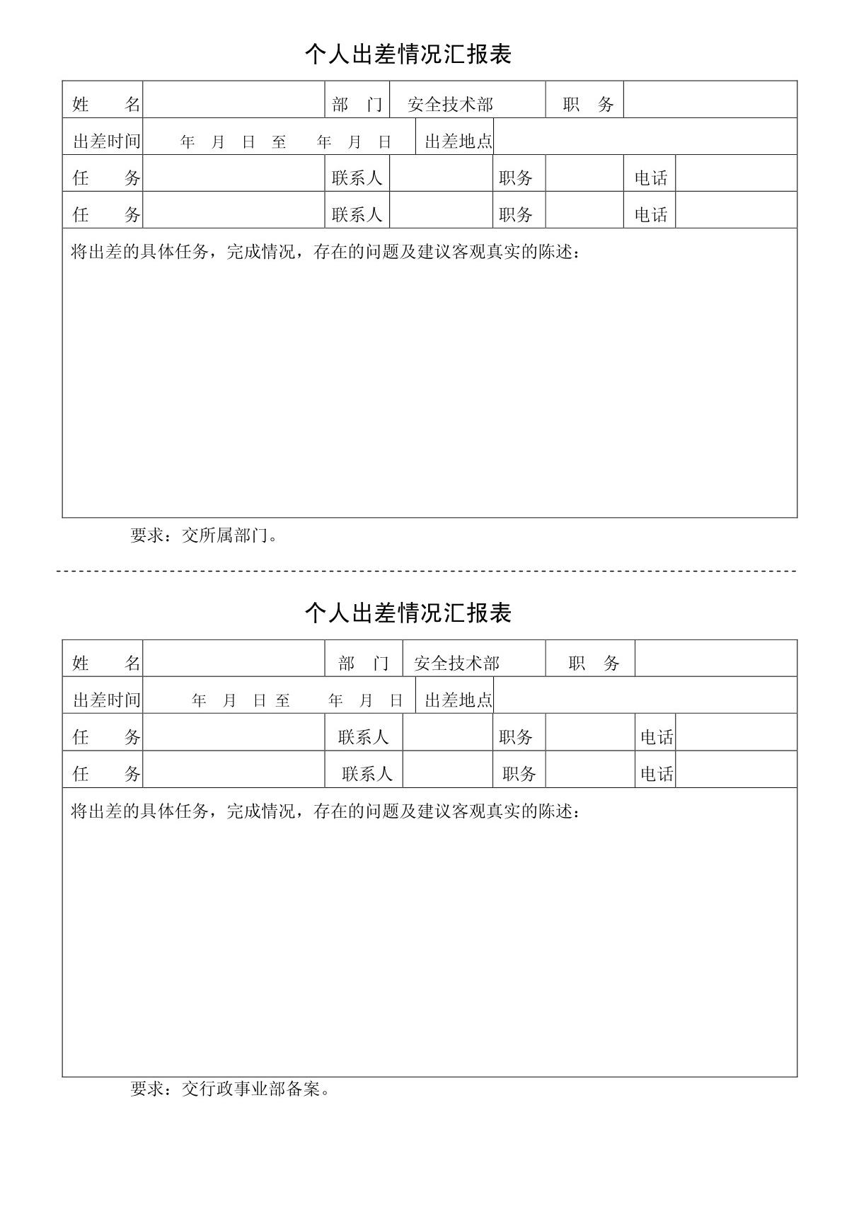 个人出差情况汇报表