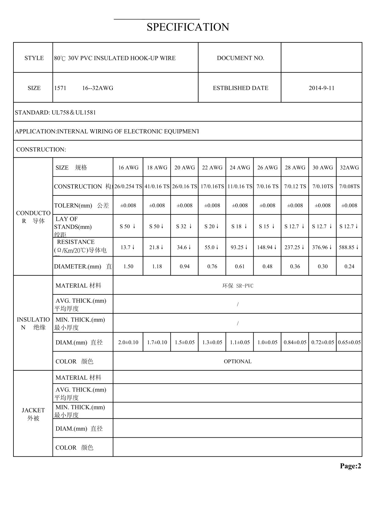 线材UL1571 16AWG-32AWG规格图