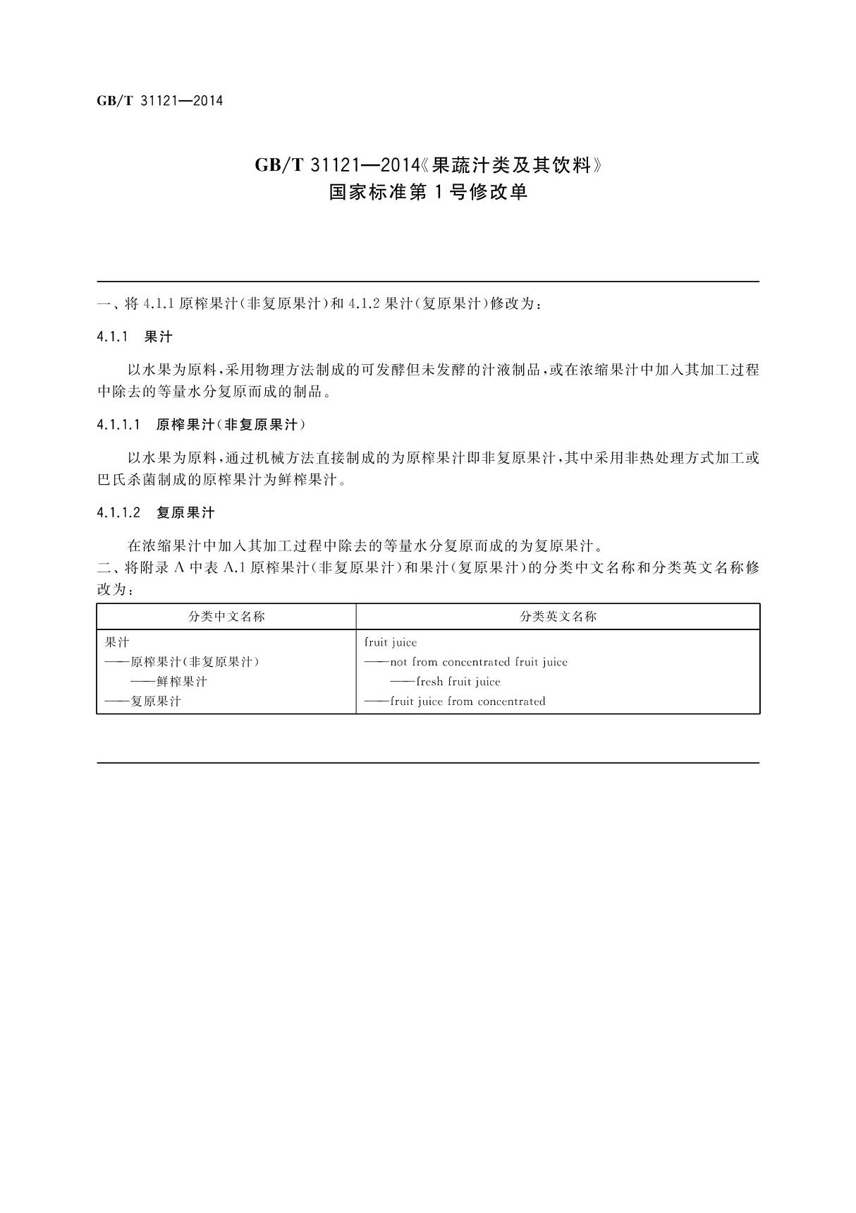 GBT 31121-2014《果蔬汁类及其饮料》 及《第1号修改单》