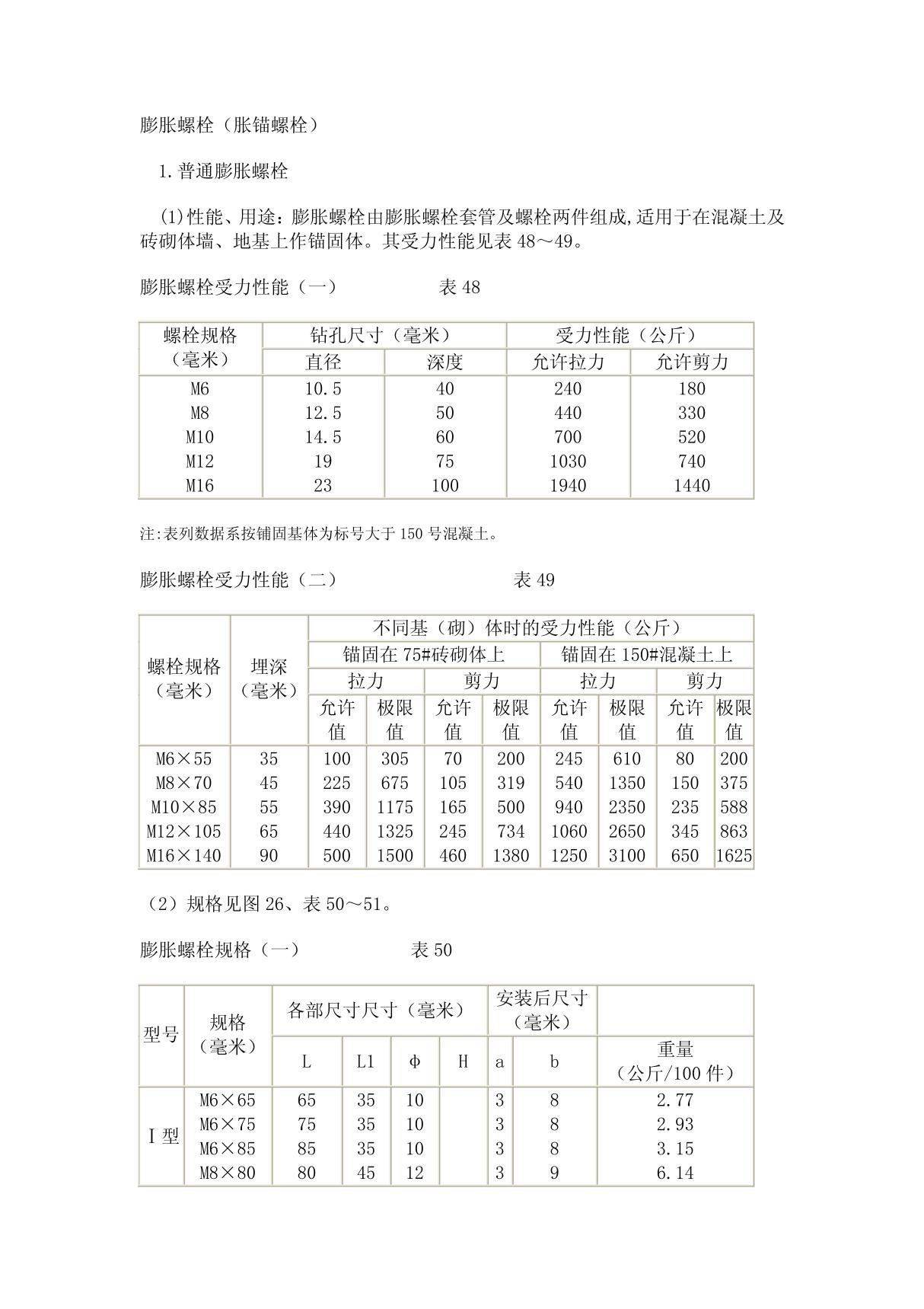 膨胀螺栓规格及性能JB-ZQ4763-2006