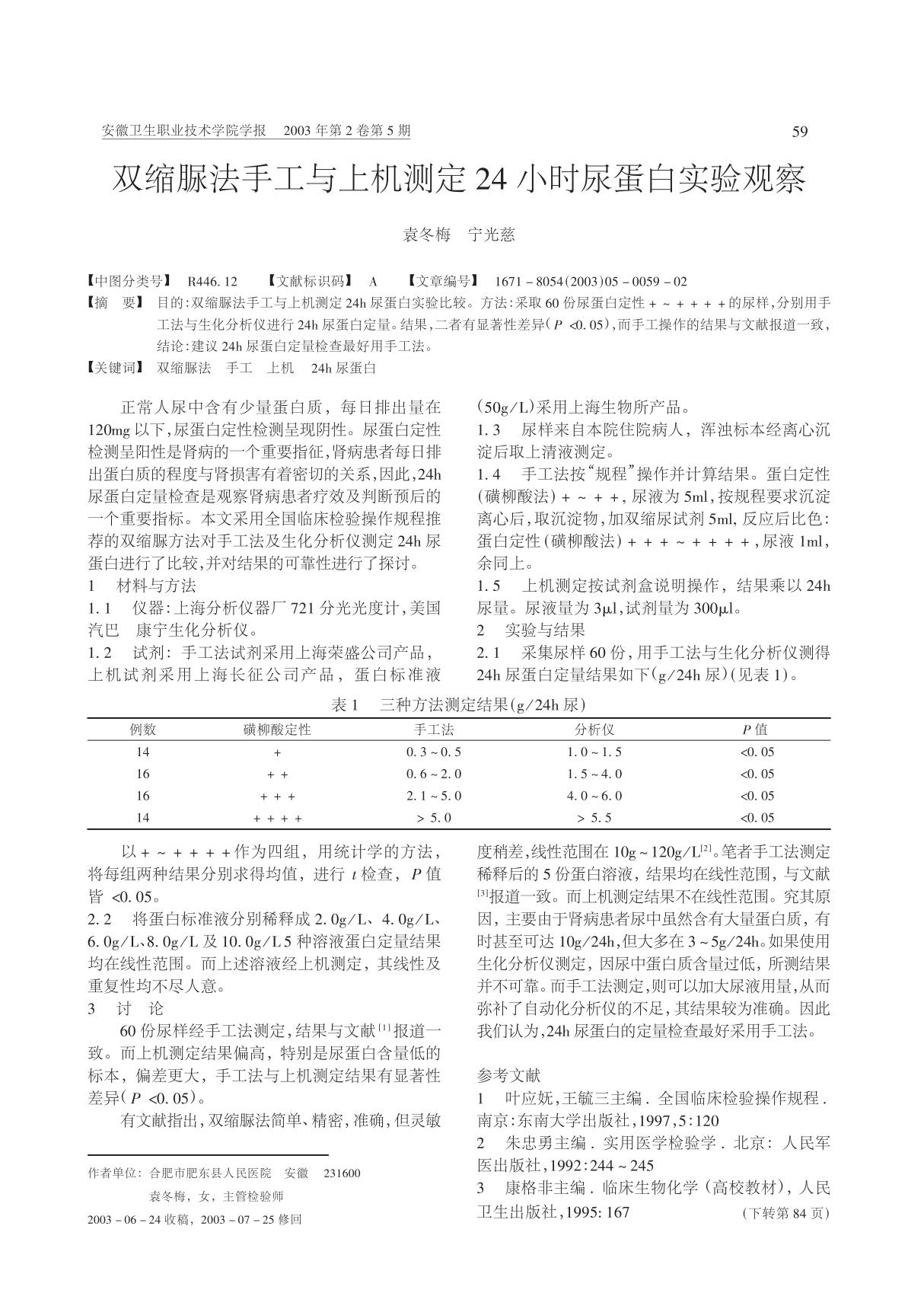 双缩脲法手工与上机测定24小时尿蛋白实验观察