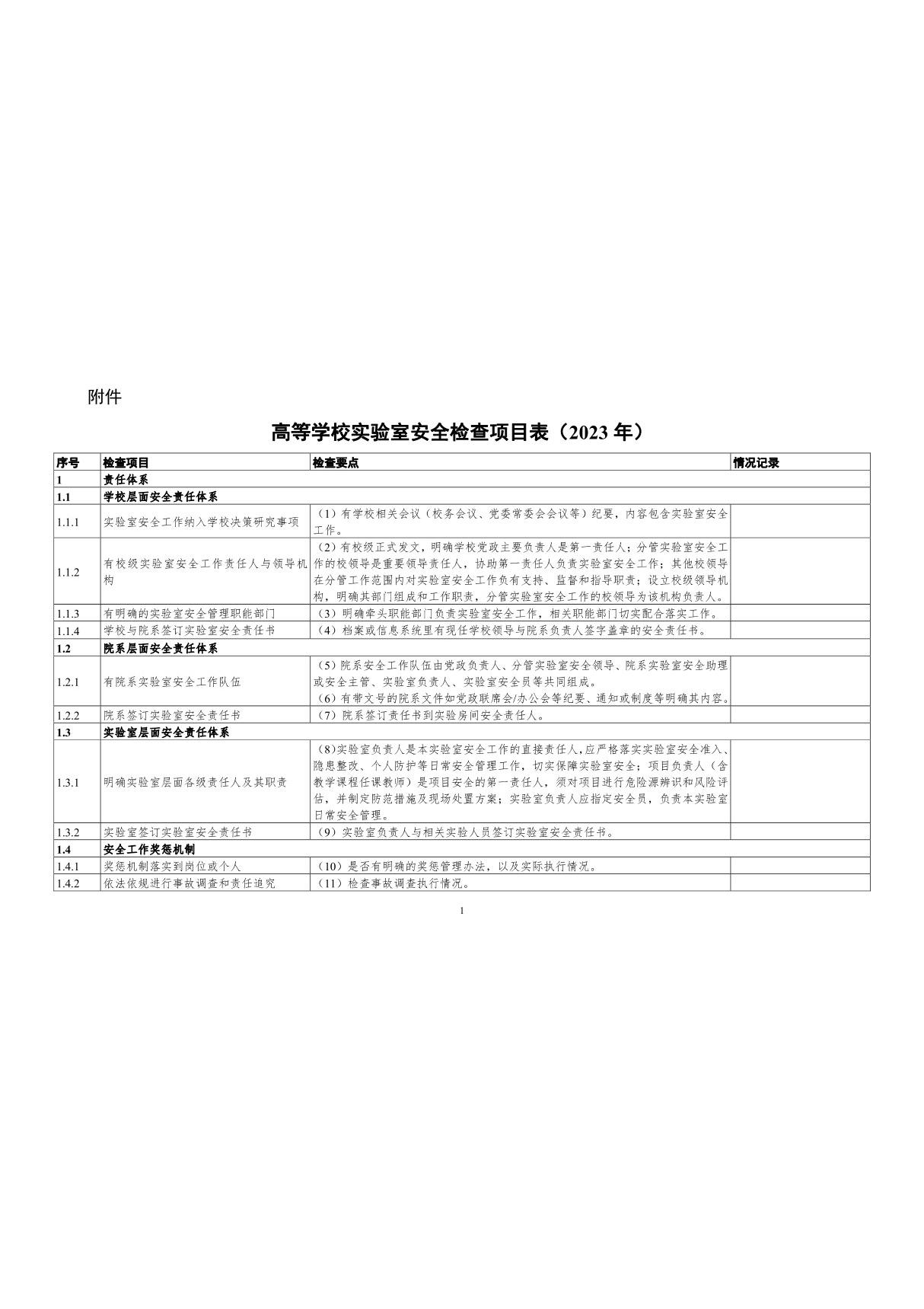 高等学校实验室安全检查项目表(2023年)