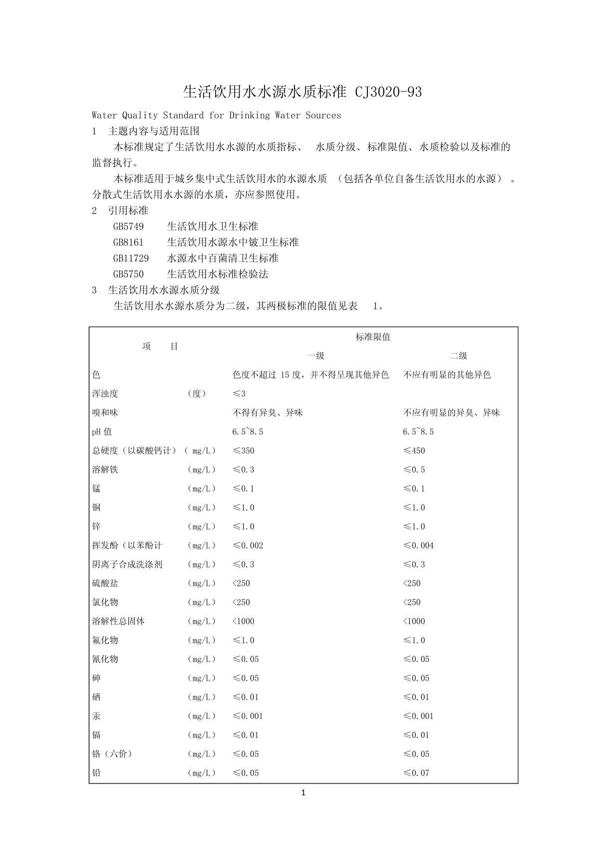 生活饮用水水源水质标准CJ3020-93