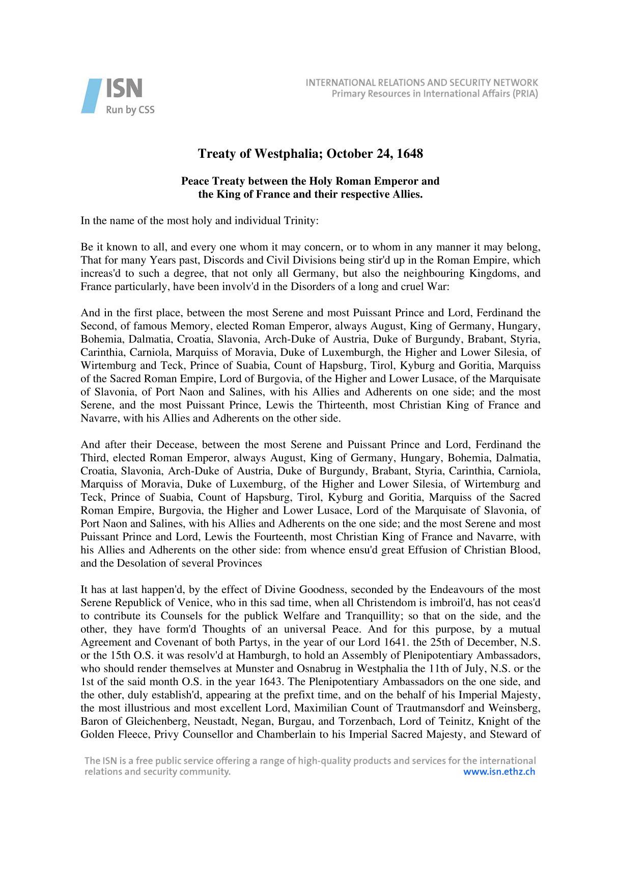 treaty of westphalia威斯特伐利亚条约