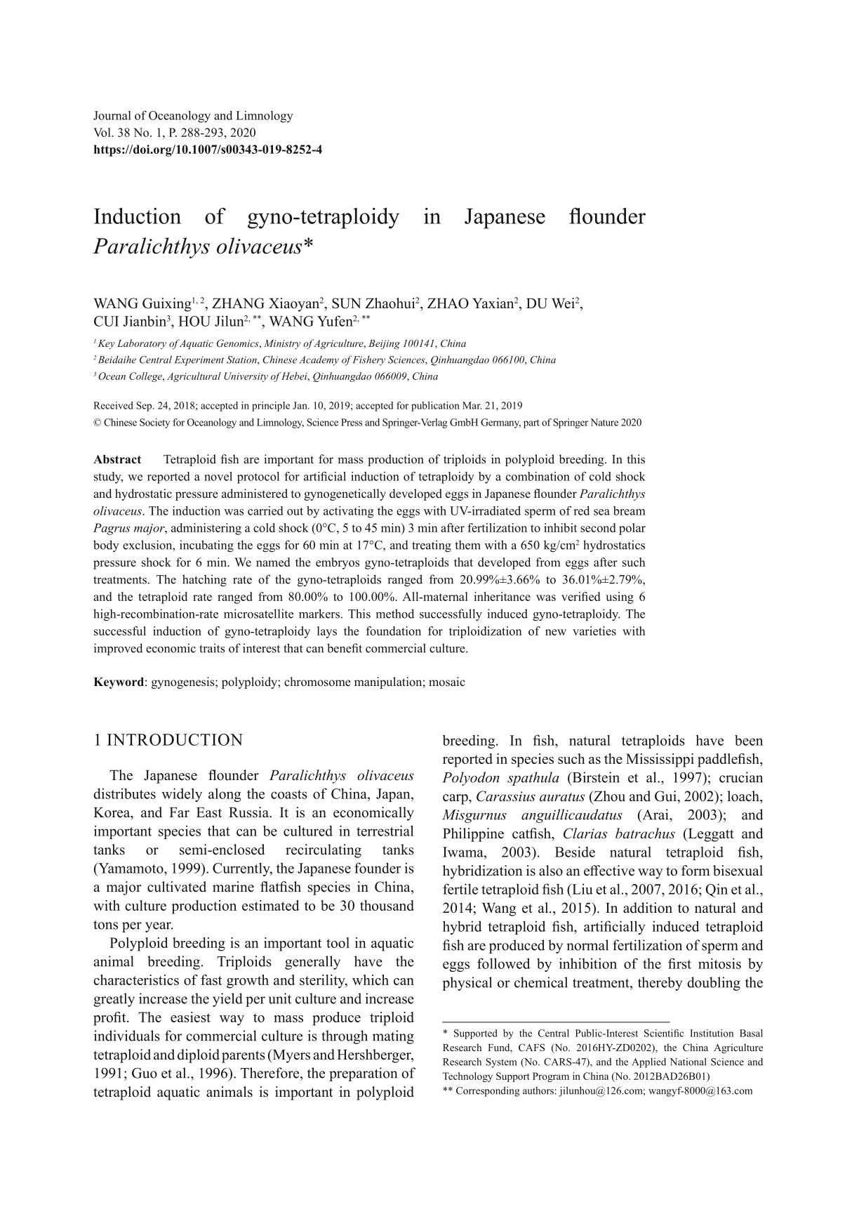 Induction of gyno-tetraploidy in Japanese flounder Paralichthys olivaceus