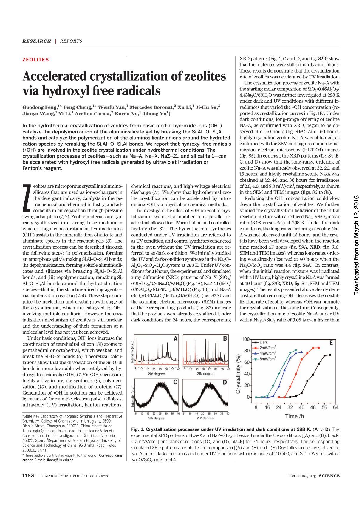 Accelerated crystallization of zeolites via hydroxyl free radicals