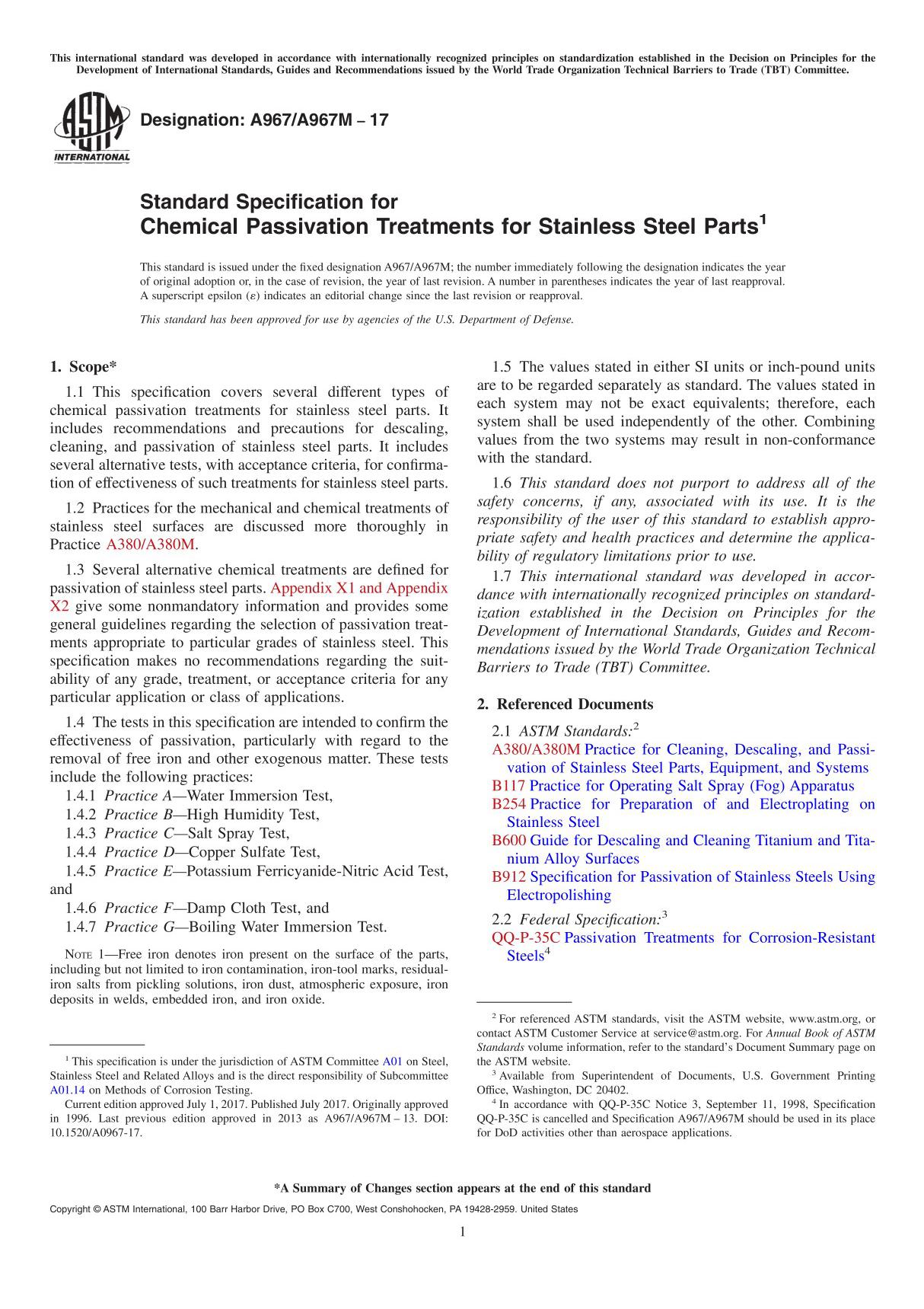 ASTM A967/A967M-17 Standard Specification for Chemical Passivation Treatments for Stainless Steel Part