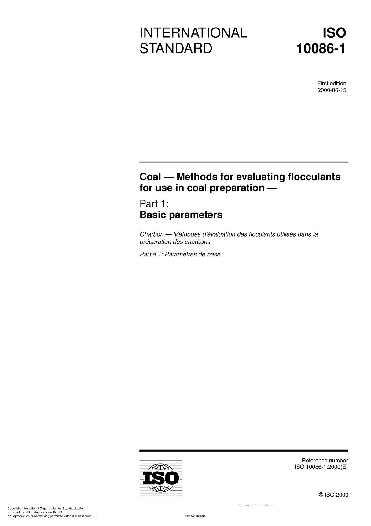 ISO 10086-1 Coal  Methods for evaluating flocculants for use in coal preparation