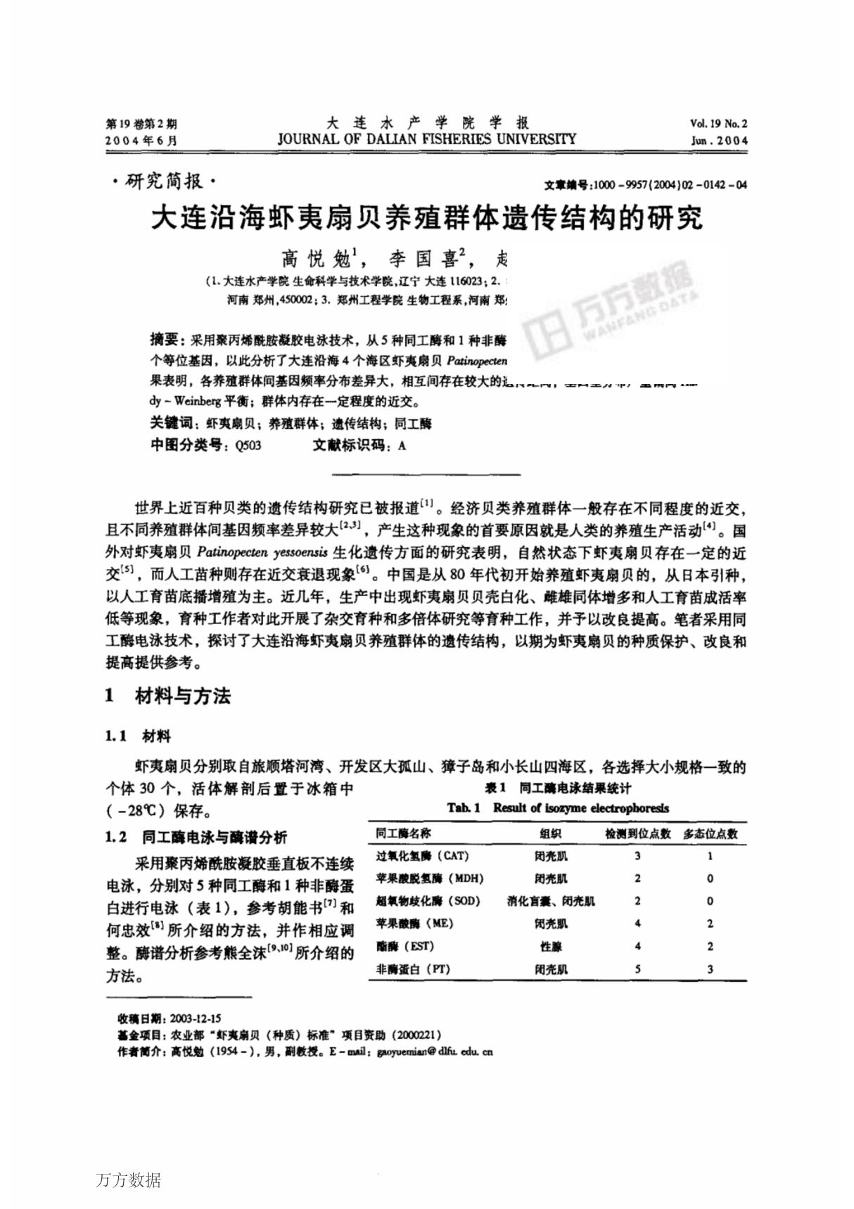 大连沿海虾夷扇贝养殖群体遗传结构的研究