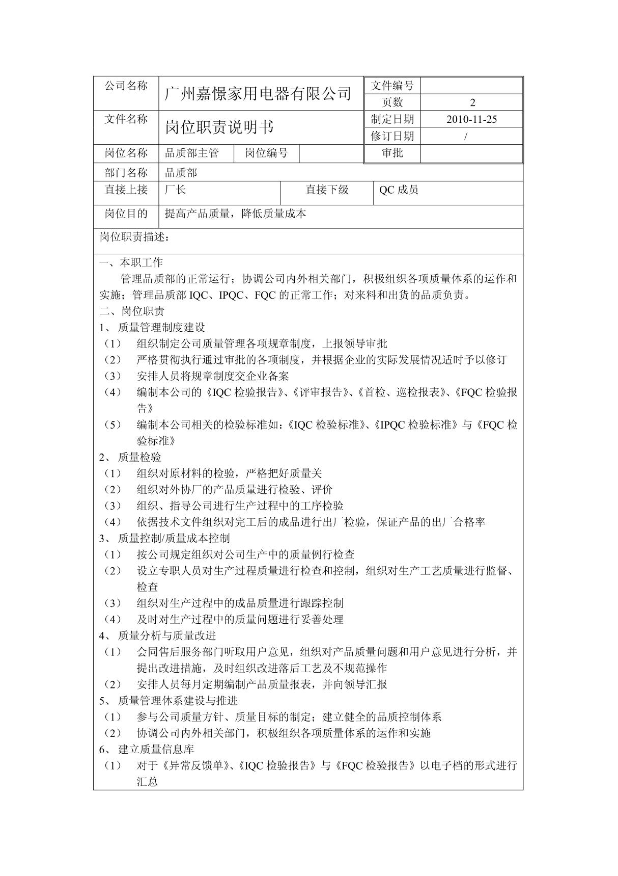 品质主管工作职责 PDF