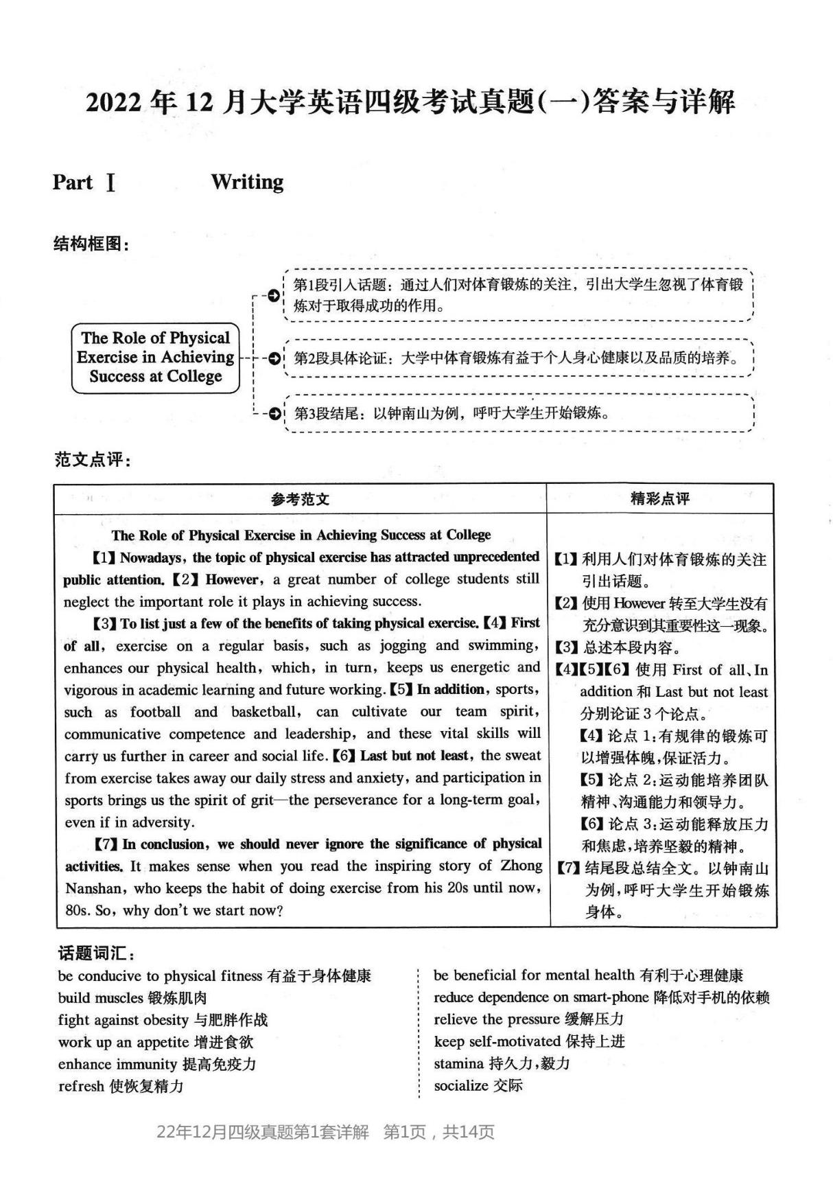 2022年12月大学英语四级考试真题第1套答案及详解