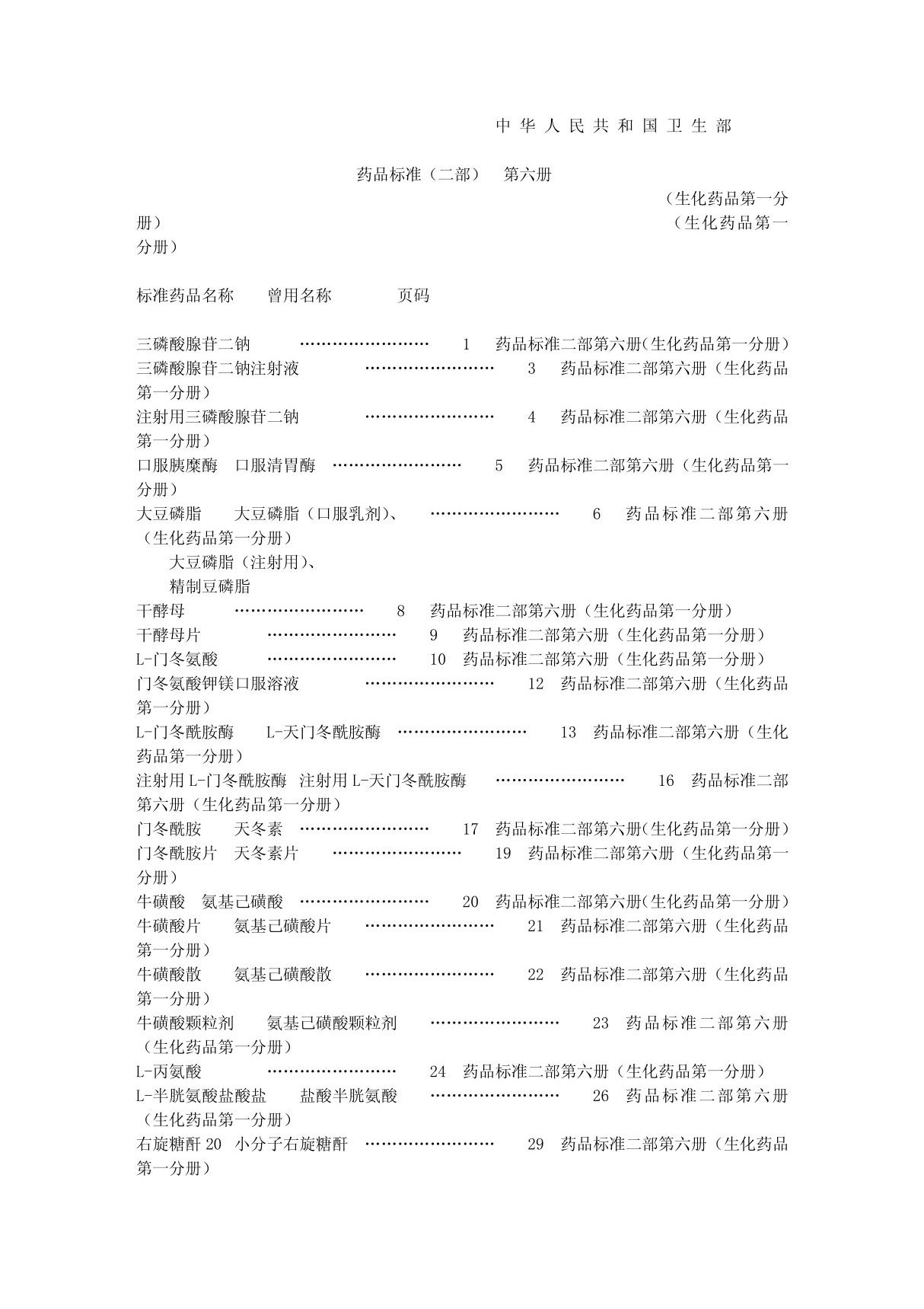 卫生部颁药品标准(生化药品)第一册 目录