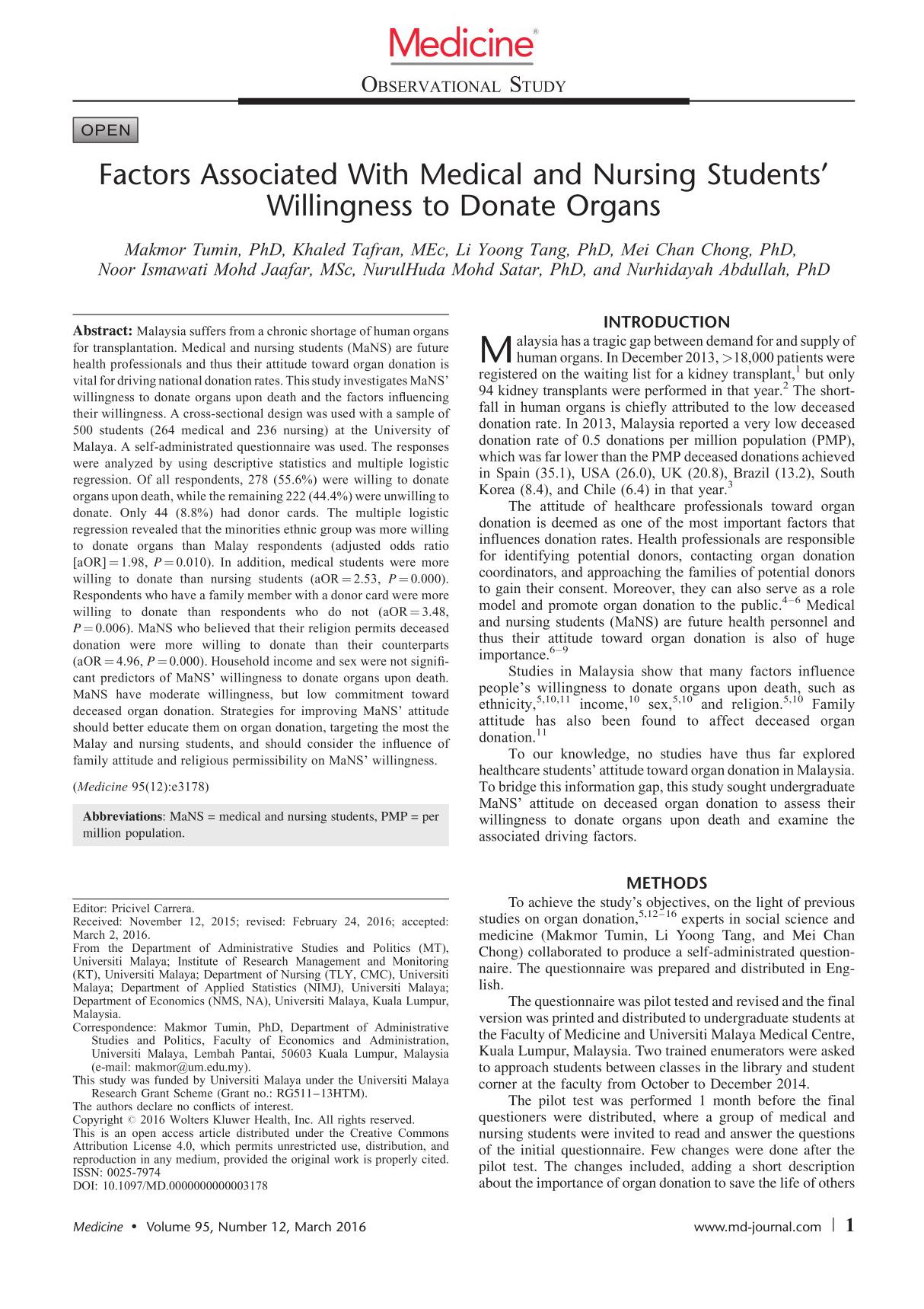 Factors Associated With Medical and Nursing Students Willingness to Donate Organs Makmor Tumin