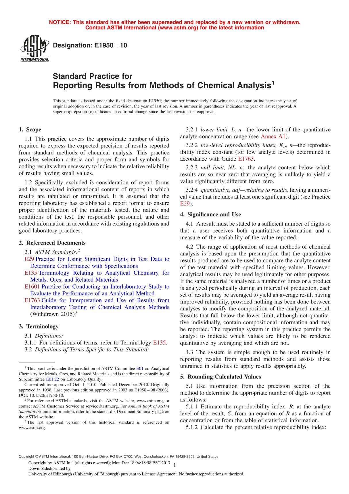 Standard Practice for Reporting Results from Methods of Chemical Analysis(ASTM E1950-10)