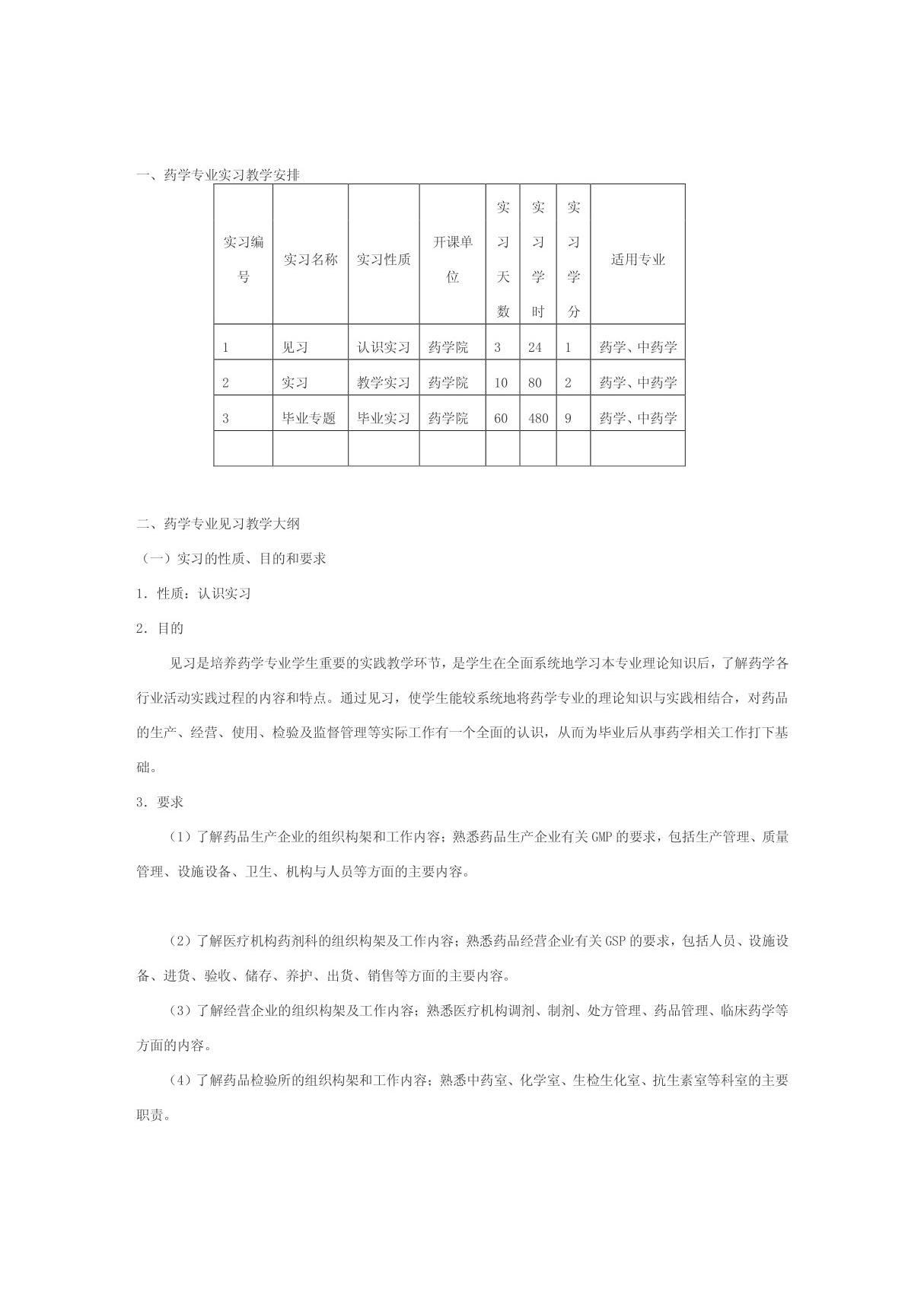 药学专业实习教学安排