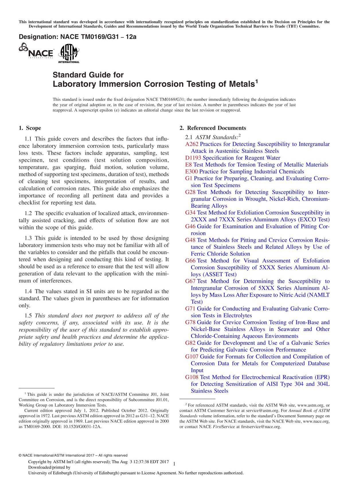 NACE ASTM0169 G31 12a Standard Guide for Laboratory Immersion Corrosion Testing of Metals1