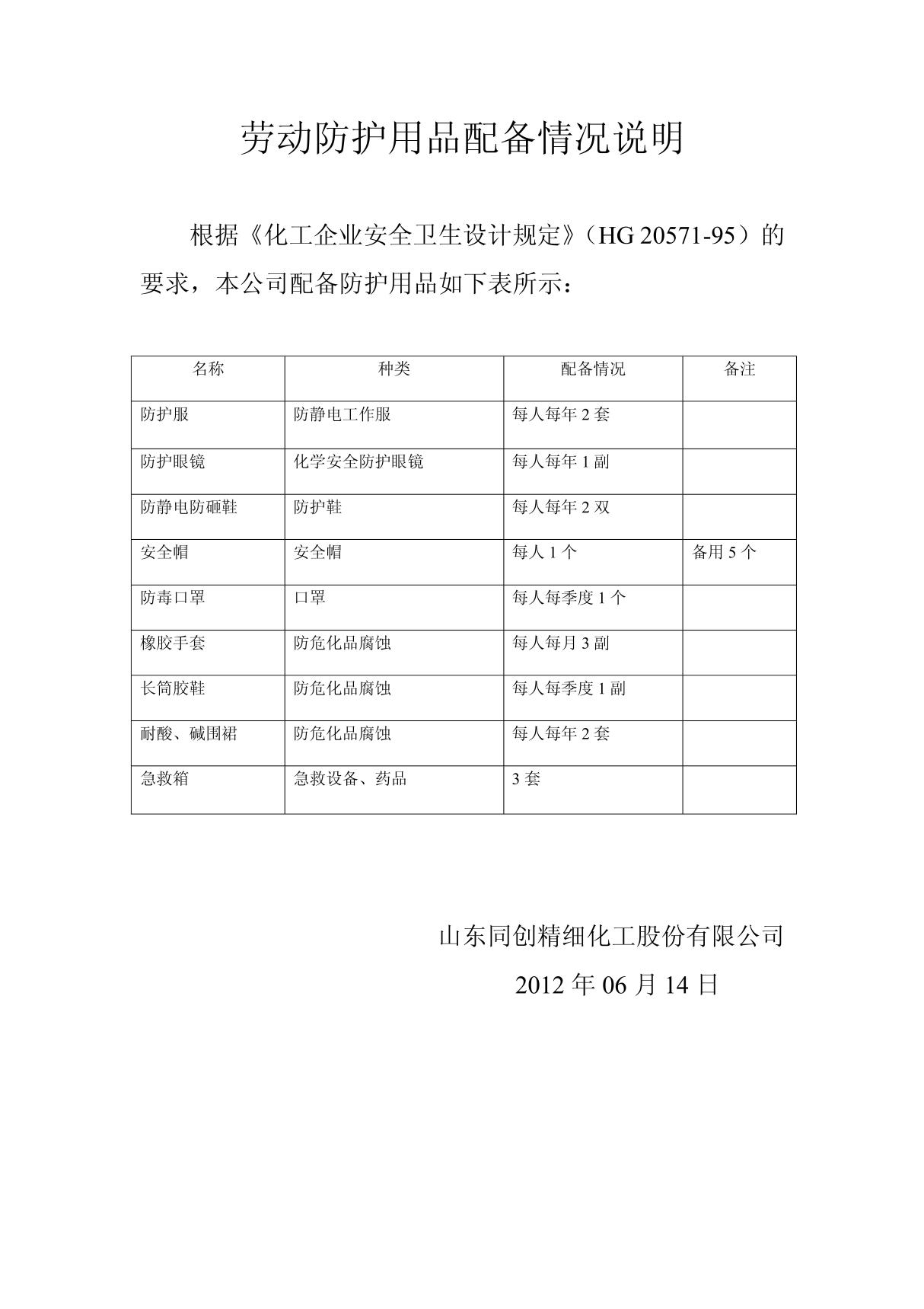 劳动防护用品配备情况说明