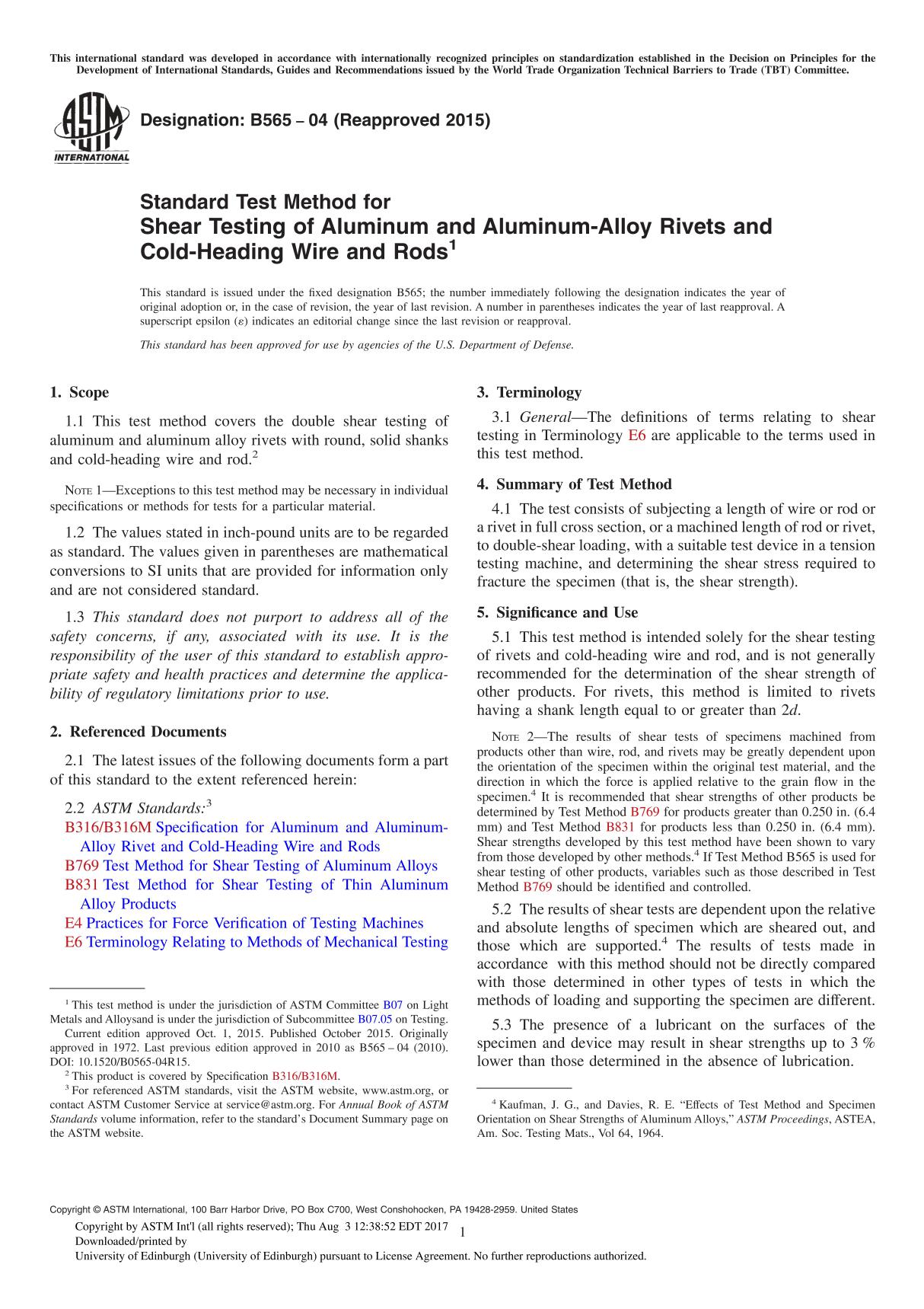 ASTM B565 04 (Reapproved 2015) Standard Test Method for Shear Testing of Aluminum and Aluminum-Alloy Rivets and Cold-Heading W