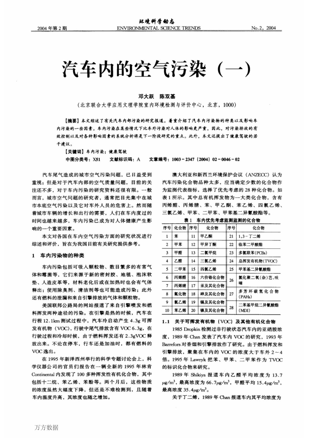 汽车内的空气污染(一)