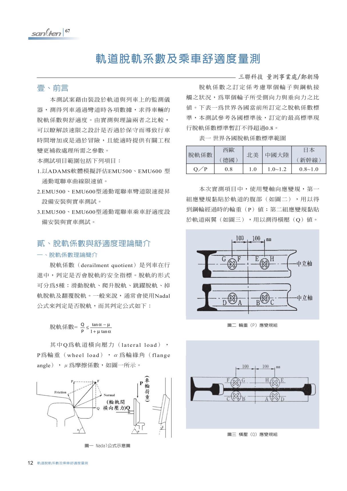 轨道脱轨系数及乘车舒适度量测