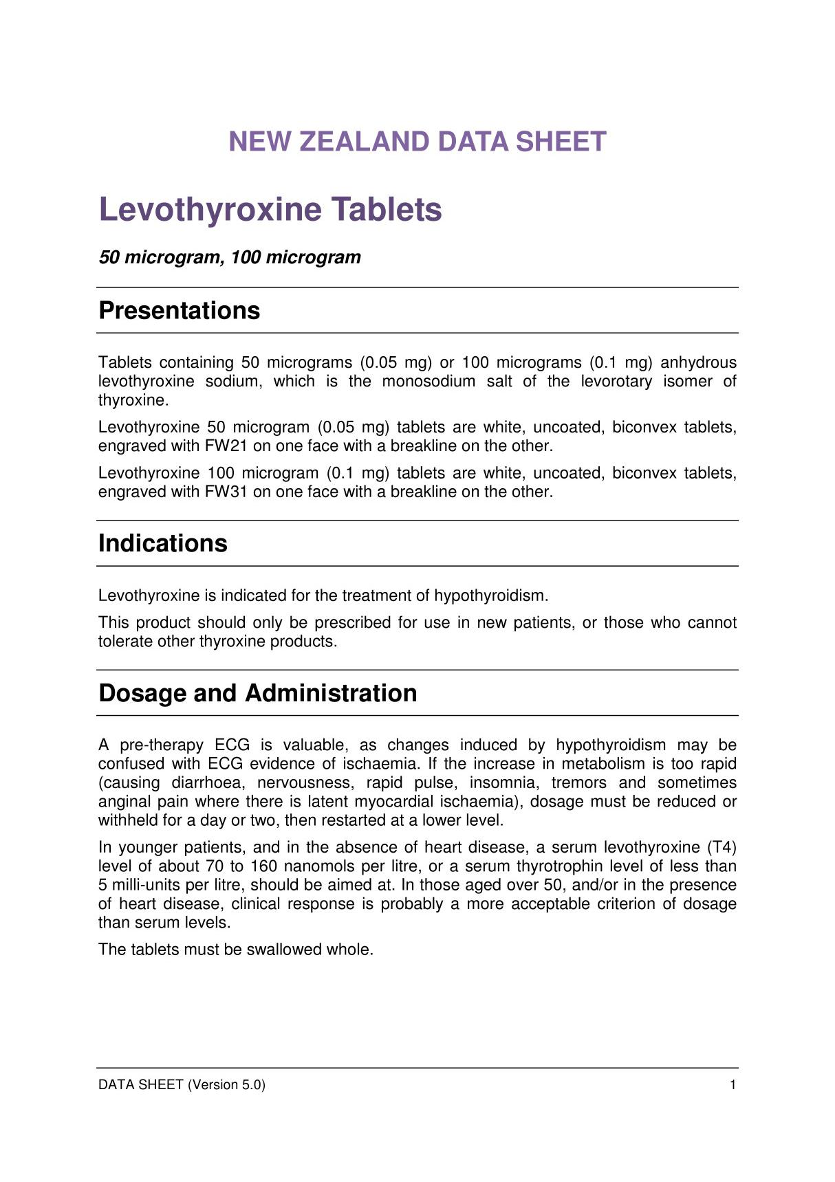 Levothyroxine Tablets - Medsafe 左旋甲状腺素片- Medsafe