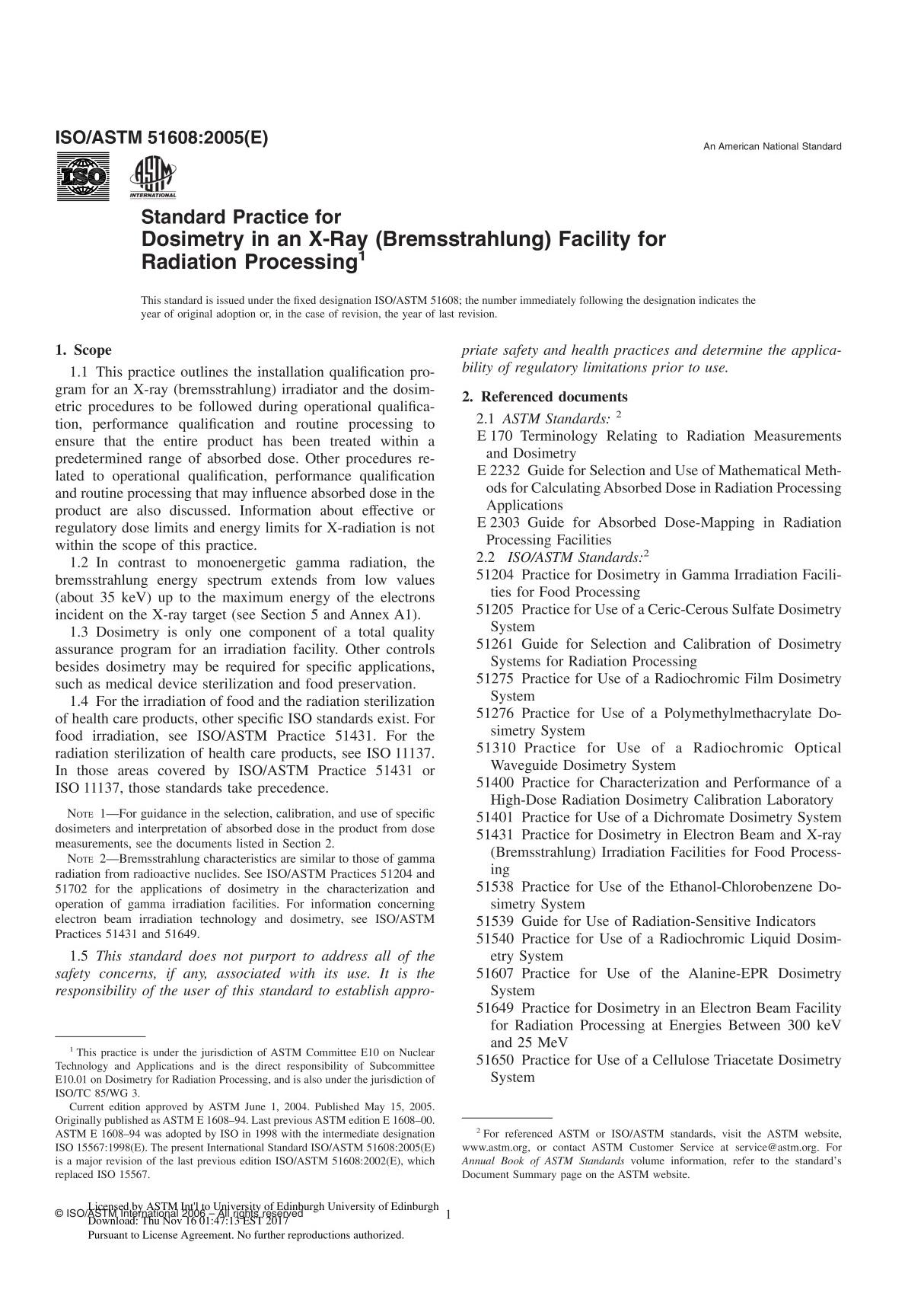 ISO ASTM 51608 - 05 Standard Practice for Dosimetry in an X-Ray (Bremsstrahlung) Facility for Radiation Processing