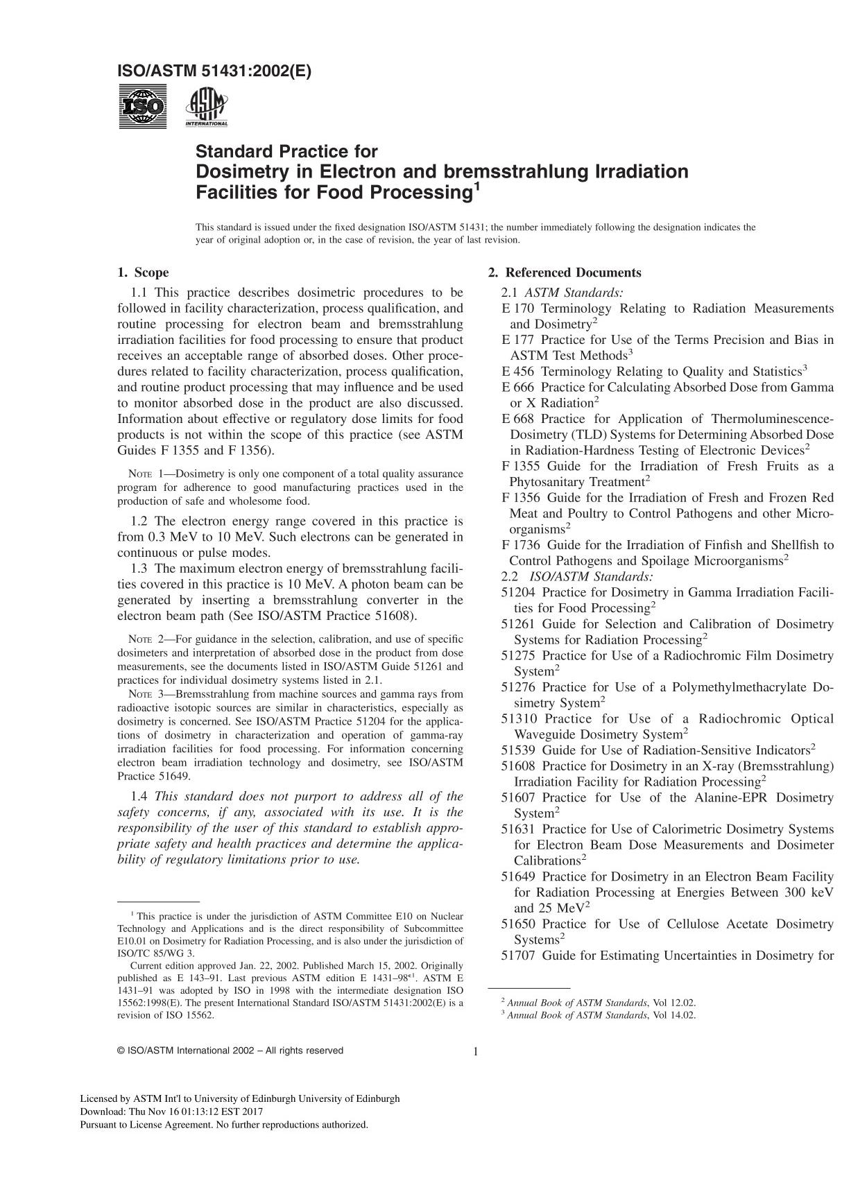 ISO ASTM51431 - 02 Standard Practice for Dosimetry in Electron and bremsstrahlung Irradiation Facilities for Food Processing