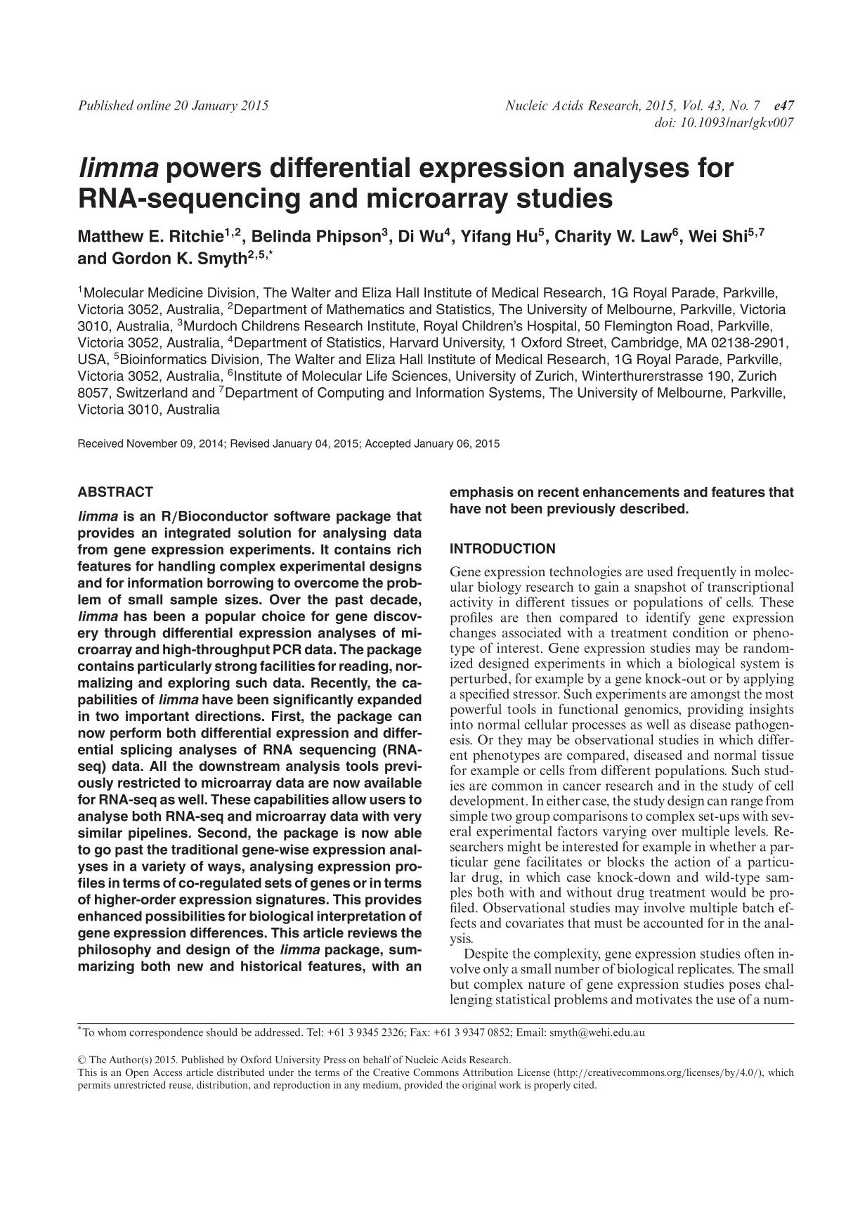 limma powers differential expression analyses for RNA-sequencing and microarray studies