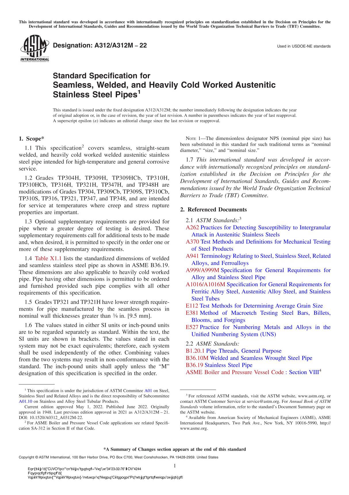 ASTM A312 A312M-22 Standard Specification for Seamless, Welded, and Heavily Cold Worked Austenitic Stainless Steel Pipes
