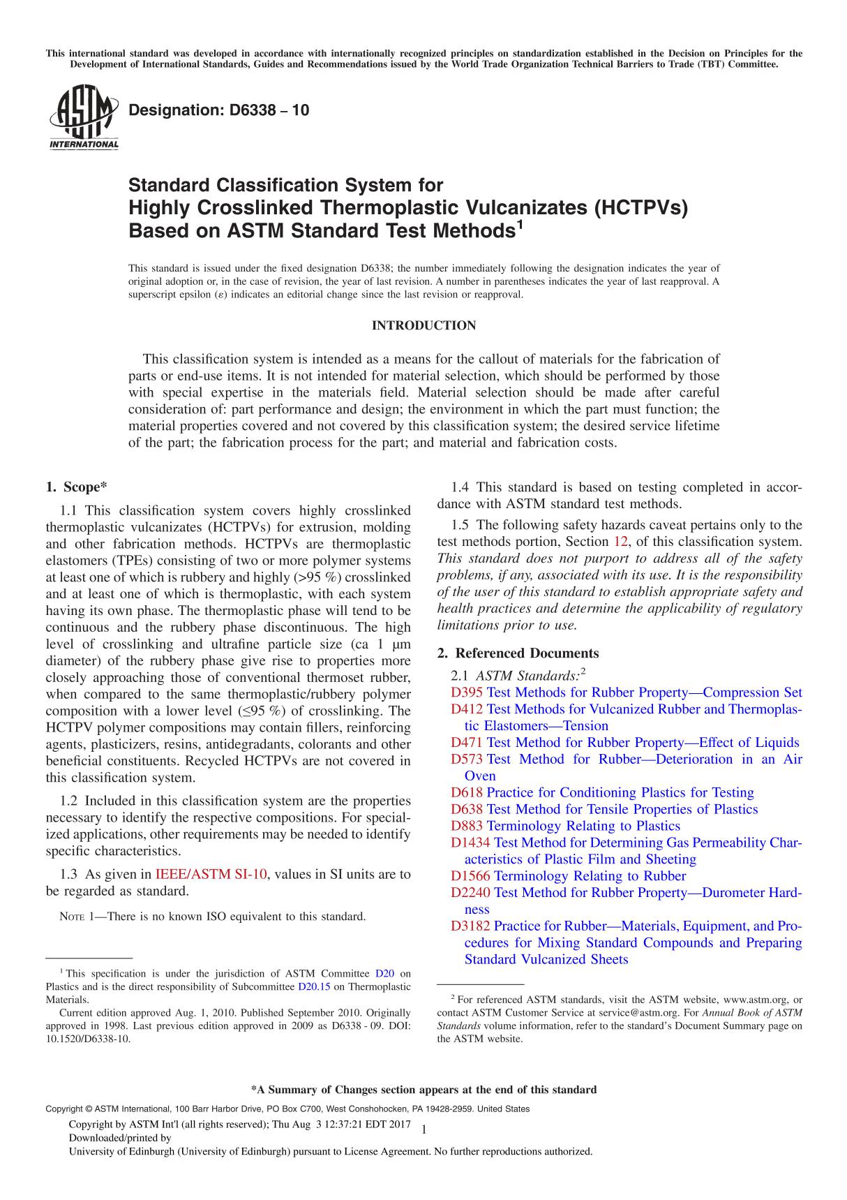 ASTM D6338 10 Standard Classification System for Highly Crosslinked Thermoplastic Vulcanizates (HCTPVs) Based on ASTM Standard