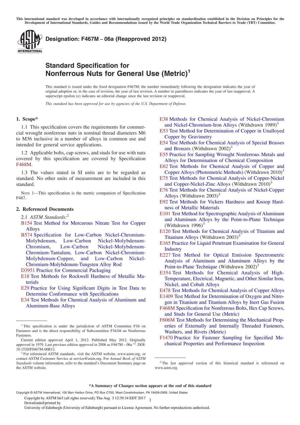 ASTM F467M 06a (Reapproved 2012) Standard Specification for Nonferrous Nuts for General Use (Metric)1