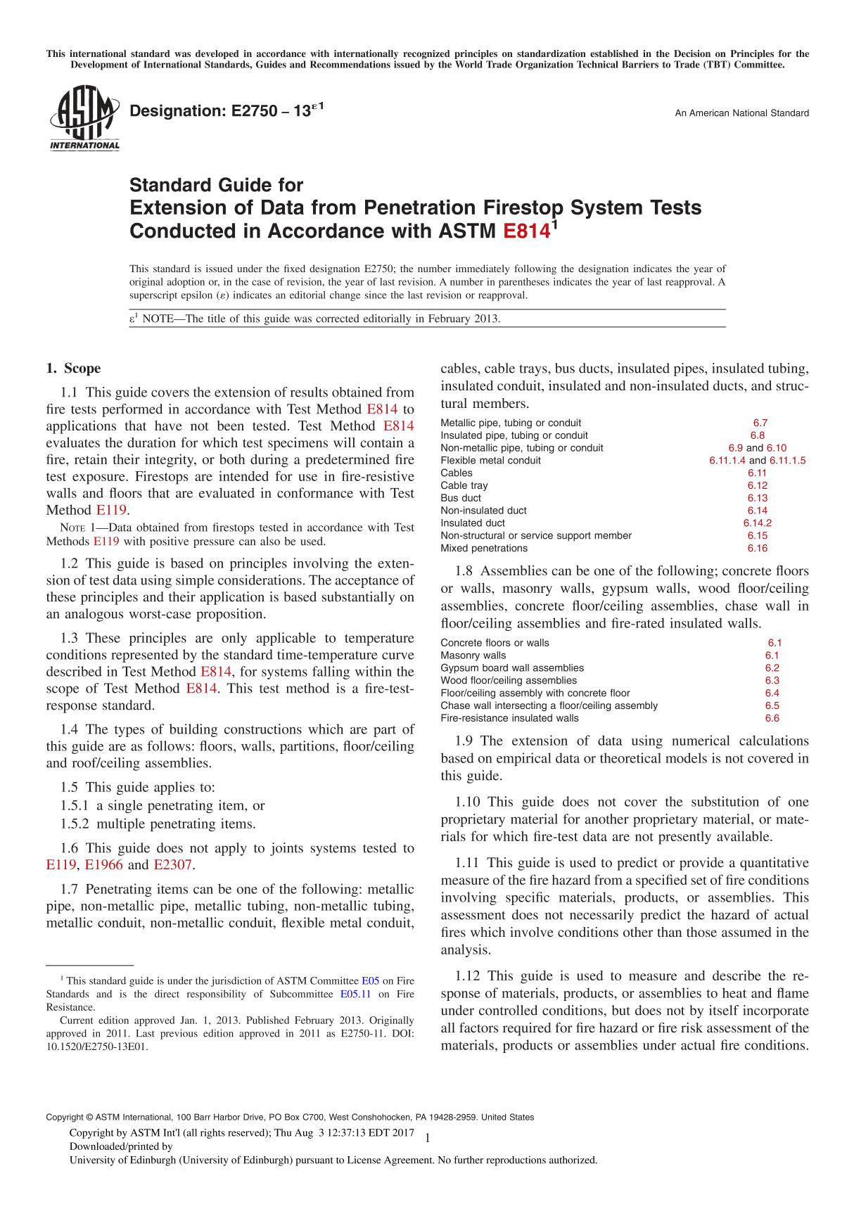 ASTM E2750 131 An American National Standard Standard Guide for Extension of Data from Penetration Firestop System Tests Cond