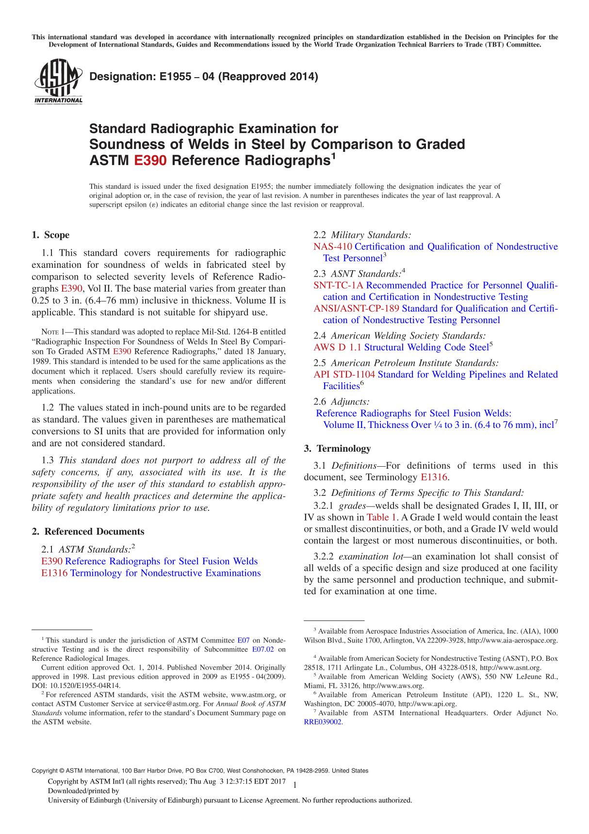 ASTM E1955 04 (Reapproved 2014) Standard Radiographic Examination for Soundness of Welds in Steel by Comparison to Graded ASTM