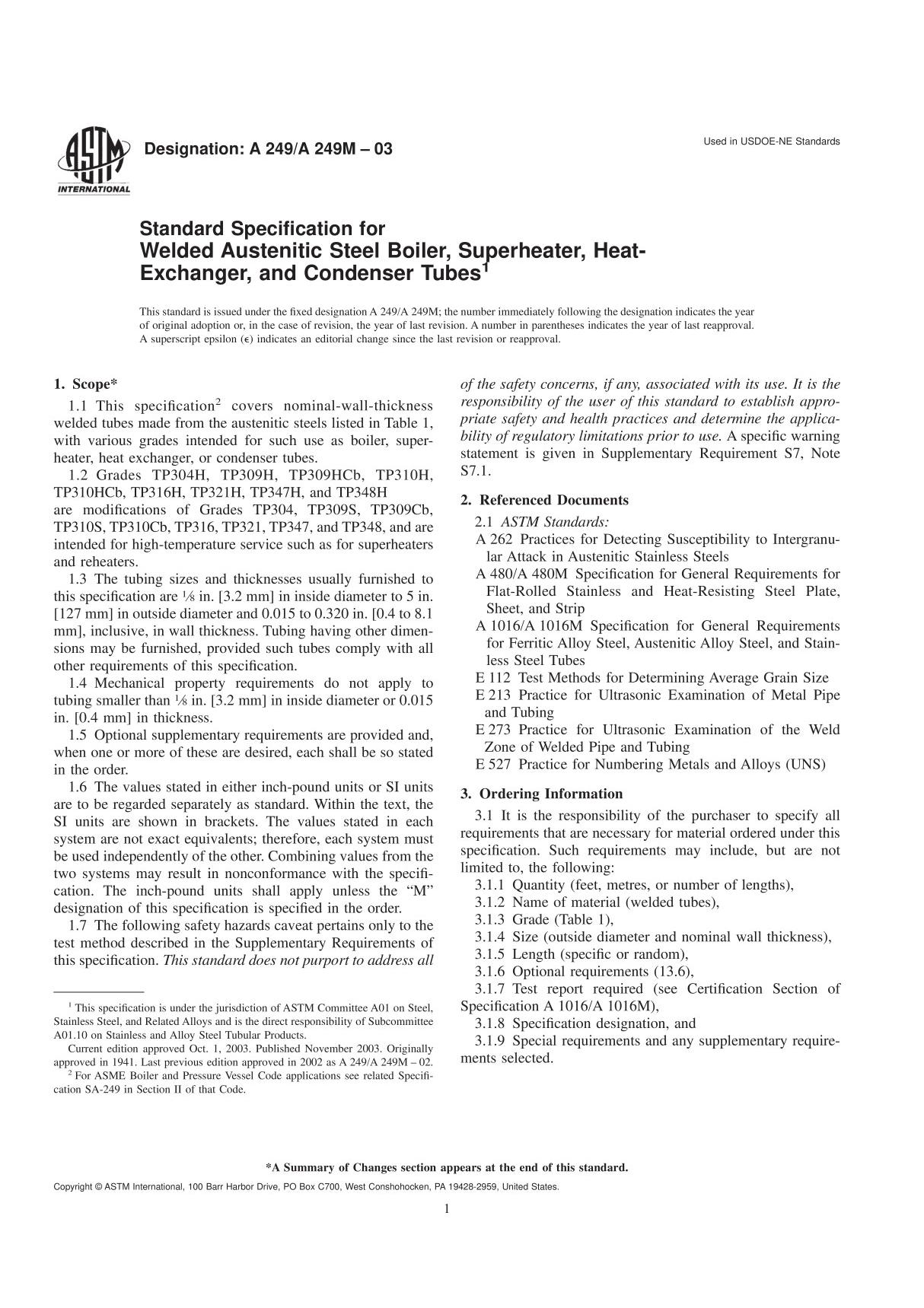 ASTM A249 A249M-2003 锅炉 过热器 换热器和冷凝器用焊接奥氏体钢管