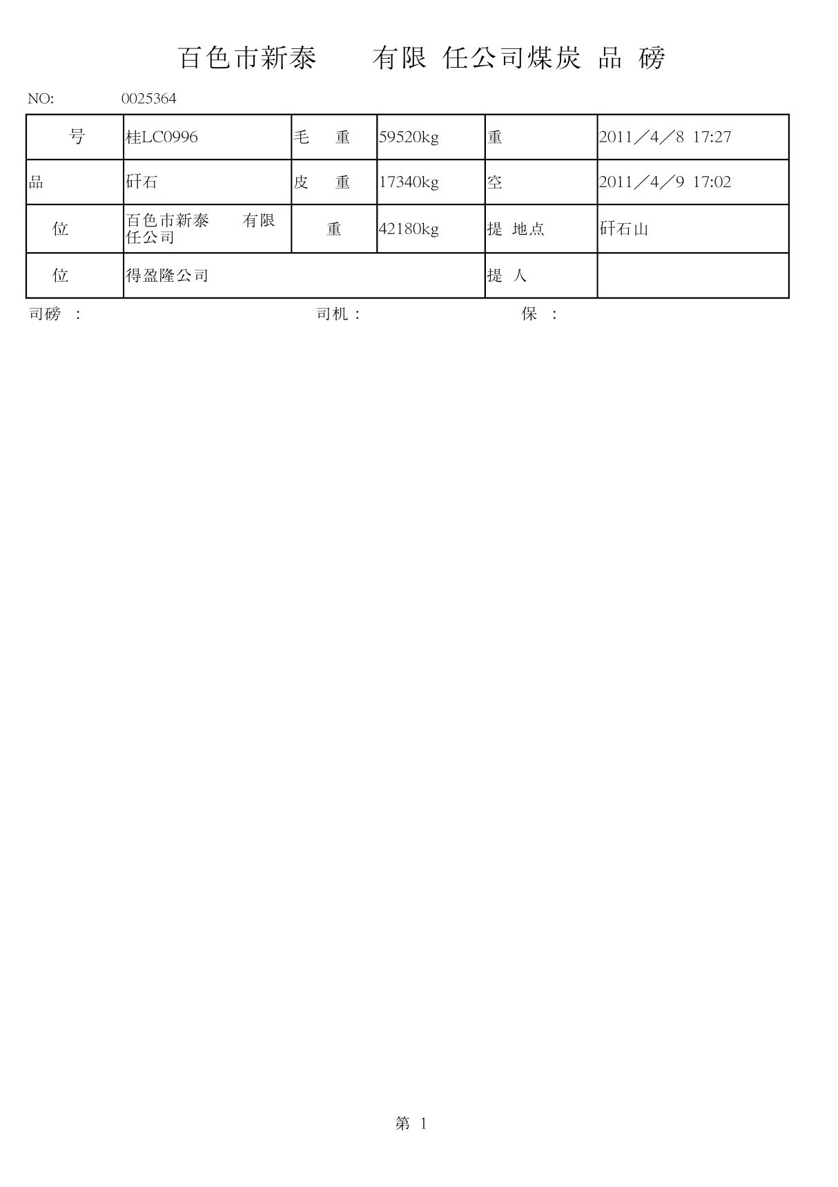 煤炭过磅单