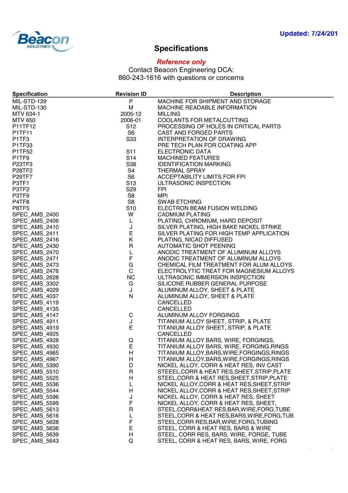 Specifications - Beacon Industries