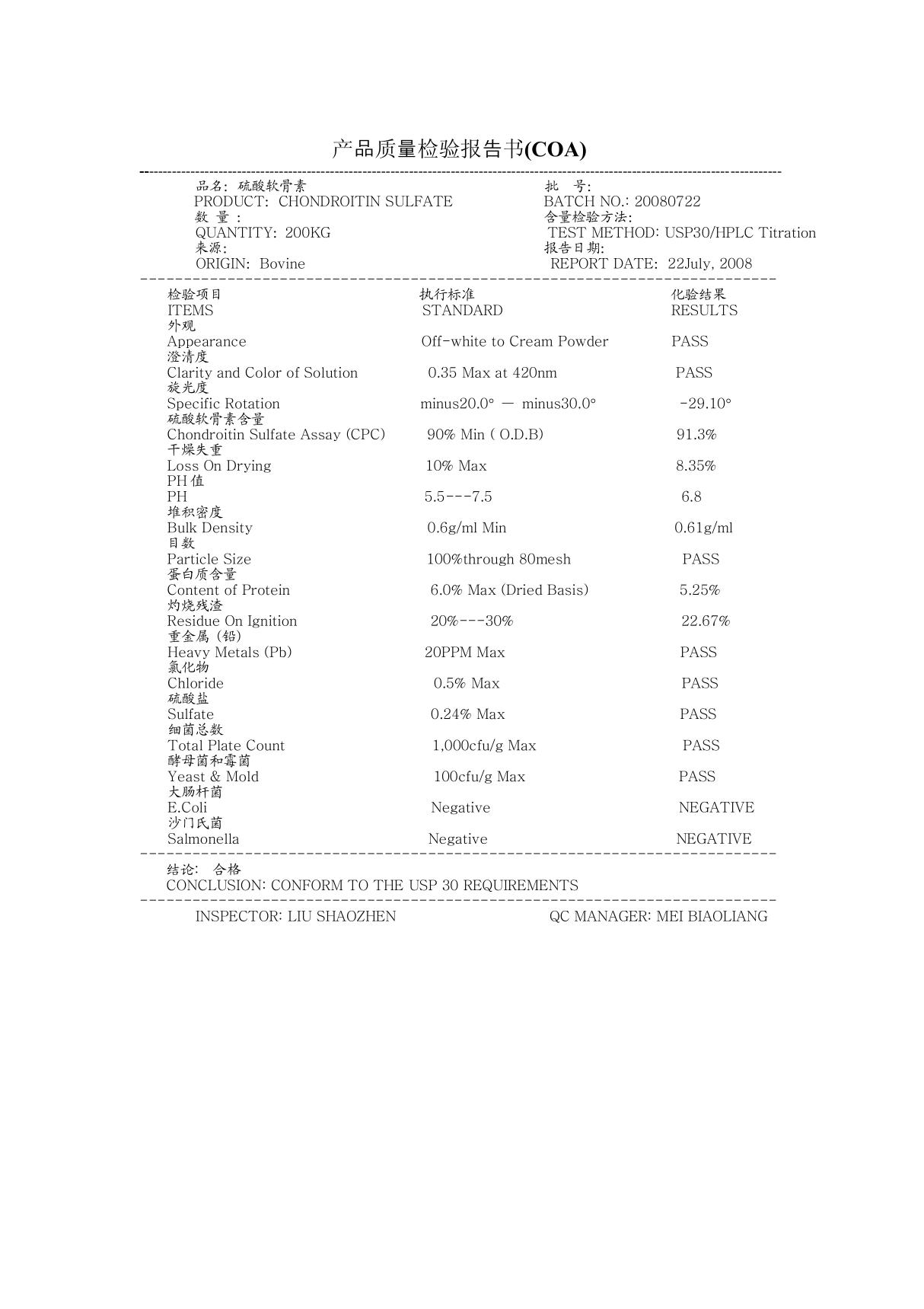 产品质量检验报告书(COA)