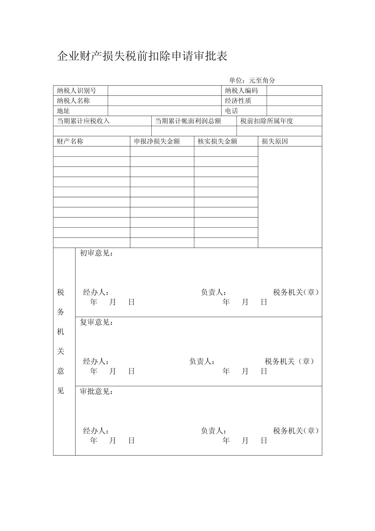 企业财产损失税前扣除申请审批表