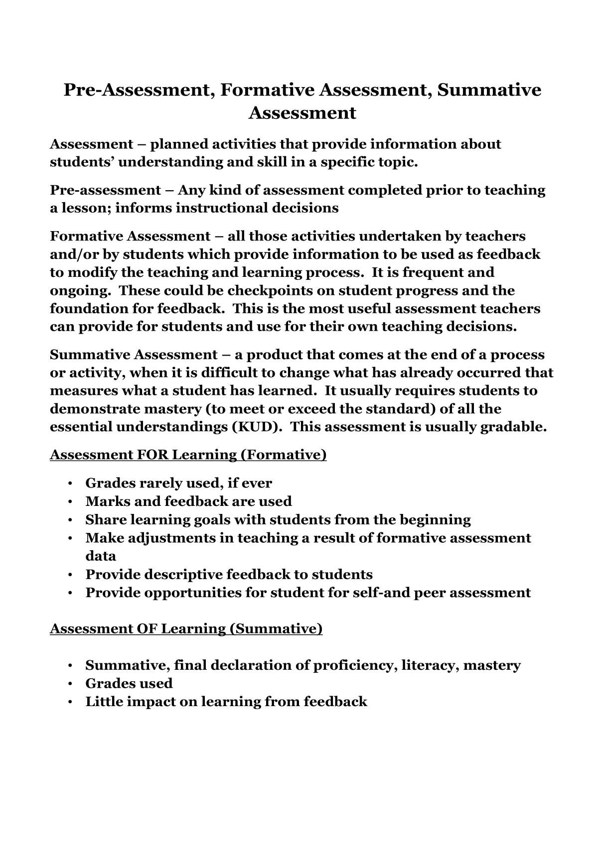 Pre-Assessment, Formative Assessment, Summative Assessment