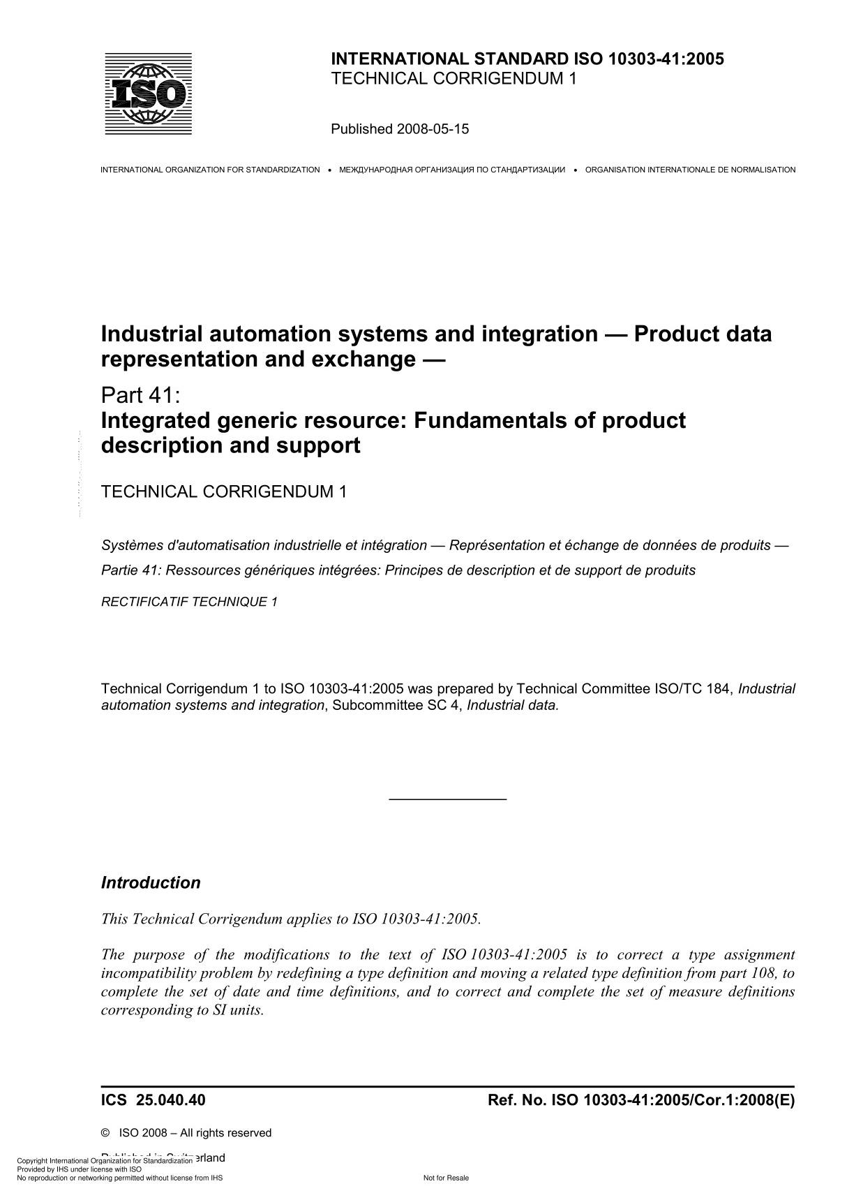 ISO 10303-41 Industrial automation systems and integration  Product data representation and exchange Technical Corrigendum