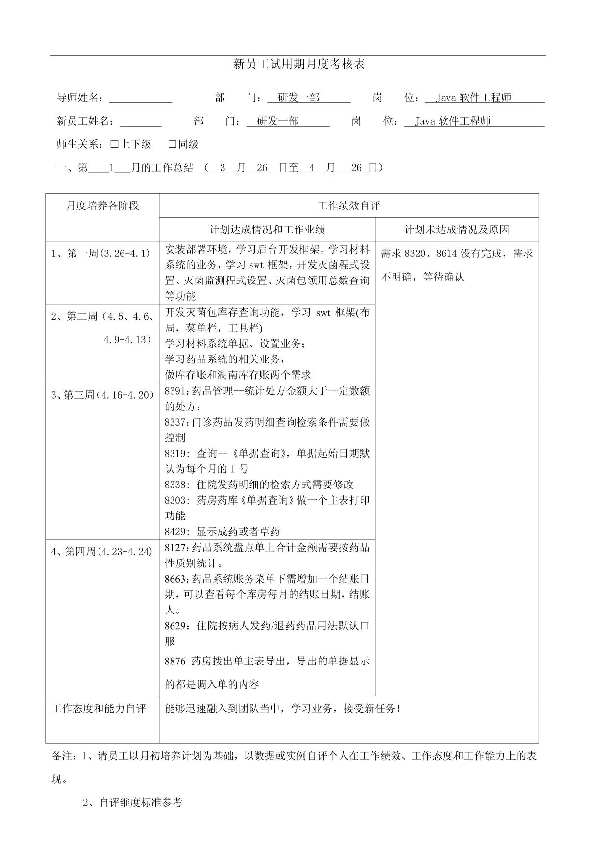 新员工试用期月度考核表