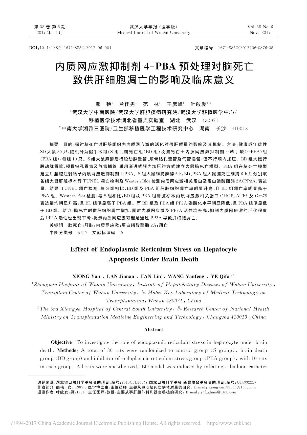 内质网应激抑制剂４－ＰＢＡ预处理对脑死亡致供肝细胞凋亡的影响及临床意义